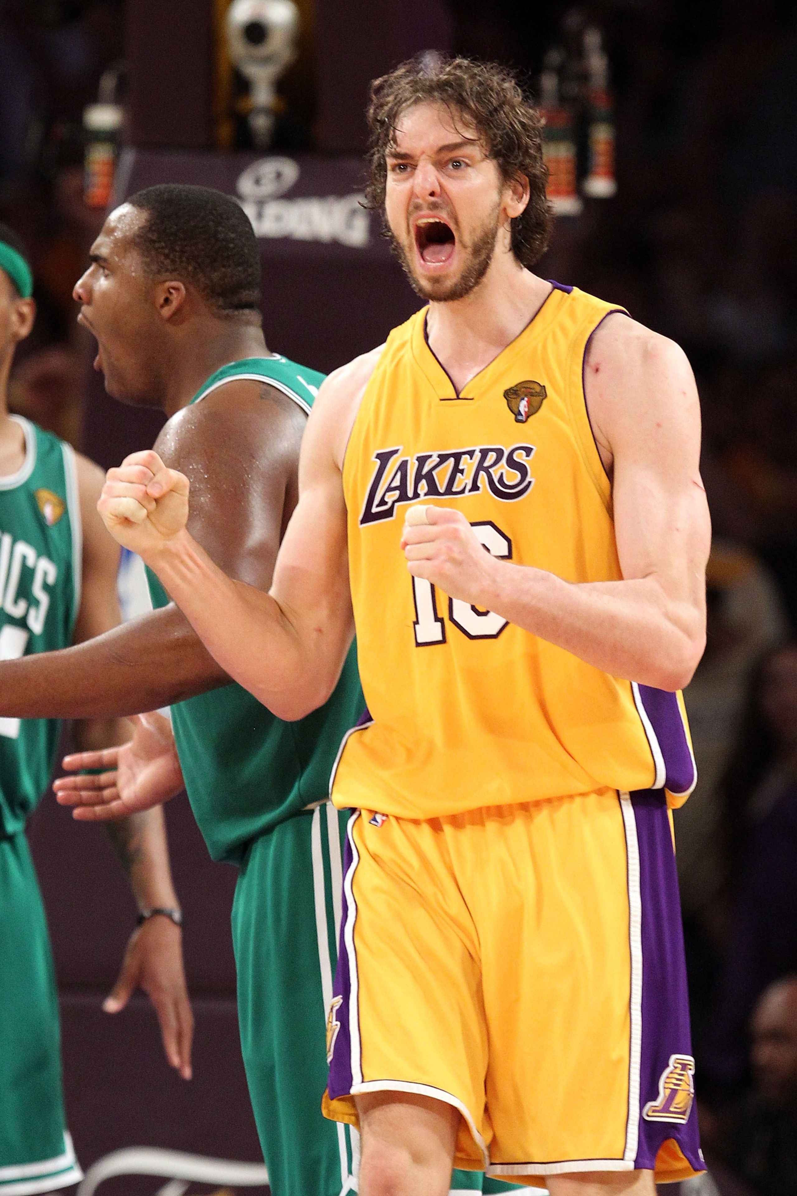 LOS ANGELES, CA - JUNE 17:  Pau Gasol #16 of the Los Angeles Lakers reacts in the second half while taking on the Boston Celtics in Game Seven of the 2010 NBA Finals at Staples Center on June 17, 2010 in Los Angeles, California.  NOTE TO USER: User expres