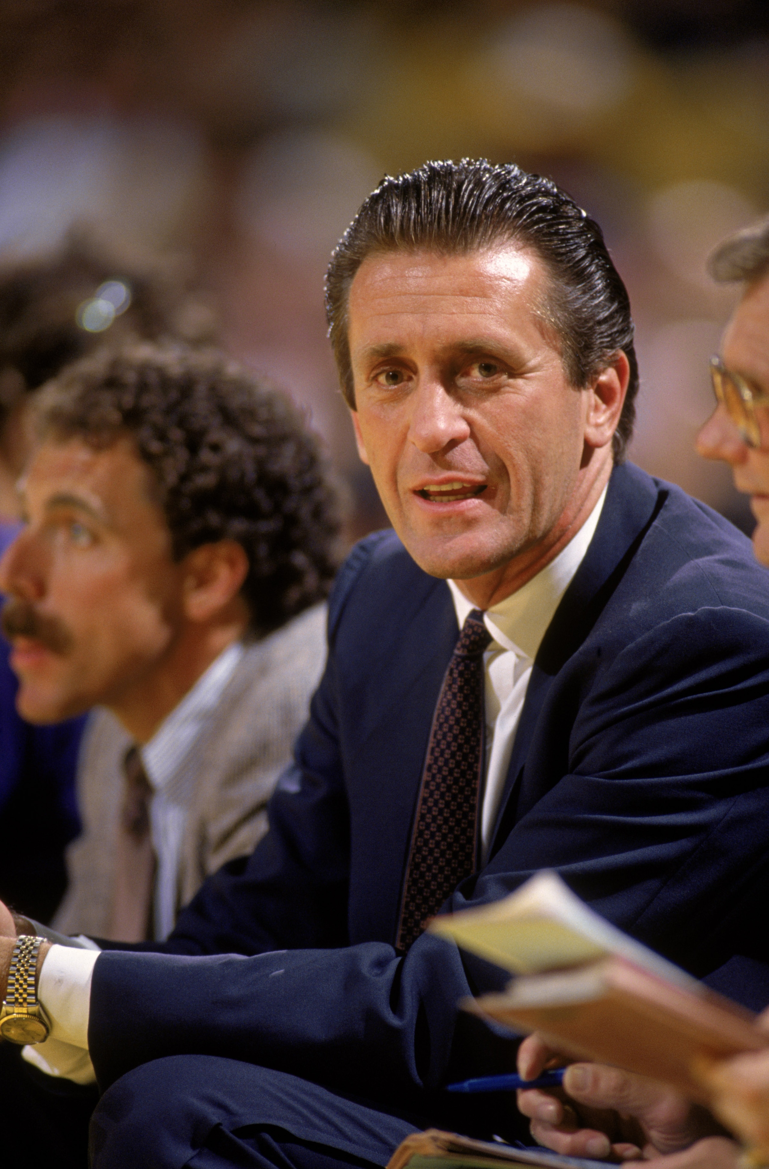 LOS ANGELES - 1987:  Head coach Pat Riley of the Los Angeles Lakers sits on the bench during an NBA game at the Great Western Forum in Los Angeles, California in 1987.  (Photo by: Mike Powell/Getty Images)