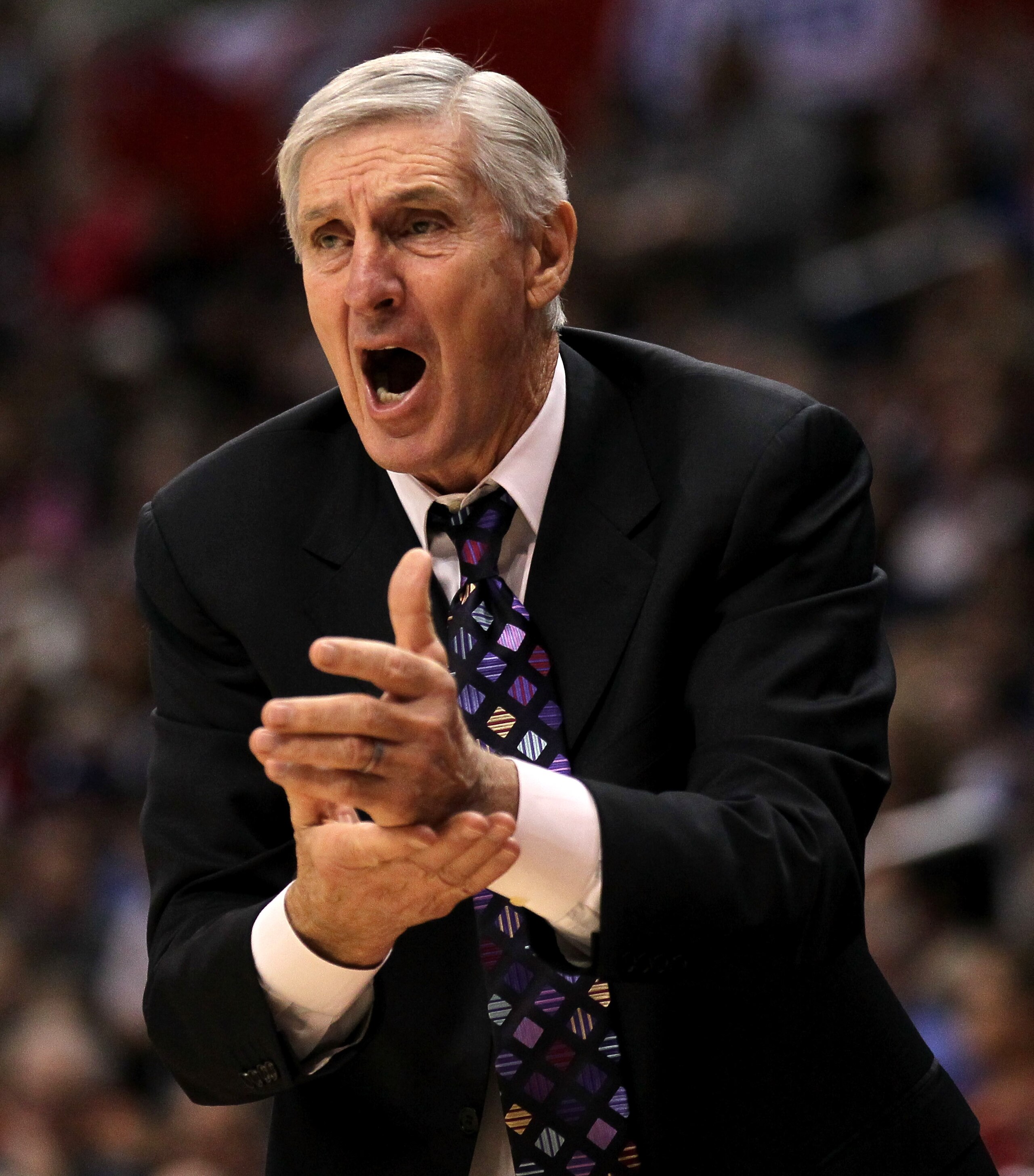 LOS ANGELES, CA - DECEMBER 29: Head coach Jerry Sloan of the Utah Jazz complains to a referee in the game with the Los Angeles Clippers at Staples Center on December 29, 2010 in Los Angeles, California. The Jazz won 103-85. NOTE TO USER: User expressl LOS ANGELES, CA - DECEMBER 29: Head coach Jerry Sloan of the Utah Jazz complains to a referee in the game with the Los Angeles Clippers at Staples Center on December 29, 2010 in Los Angeles, California. The Jazz won 103-85. NOTE TO USER: User expressl