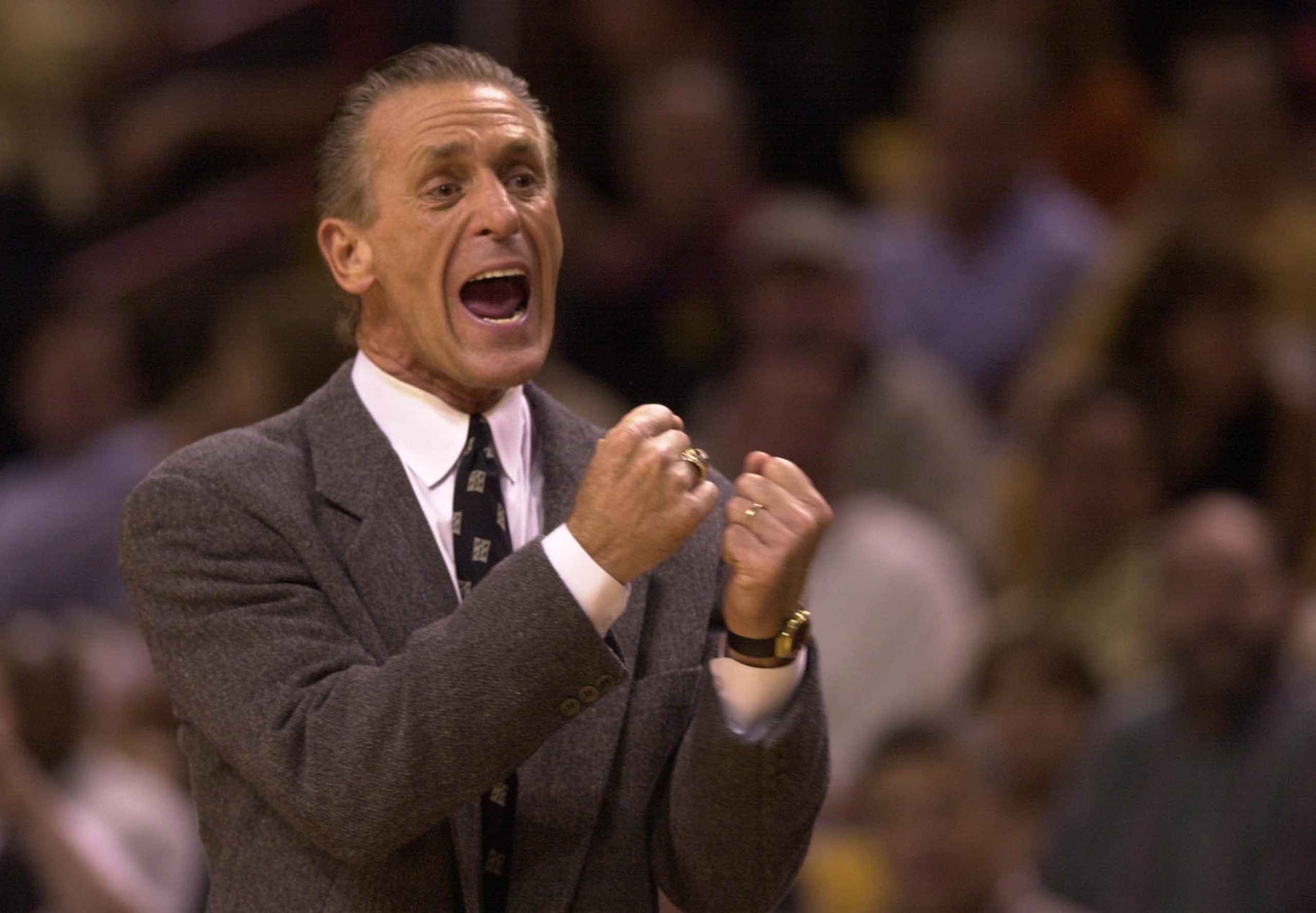 4 Feb 2001:  Miami Heat head coach Pat Riley reacts during the first half of their game against the New York Knicks at the American Airlines Arena in Miami, Florida. DIGITAL IMAGE. NOTE TO USER: It is expressly understood that the only rights Allsport are