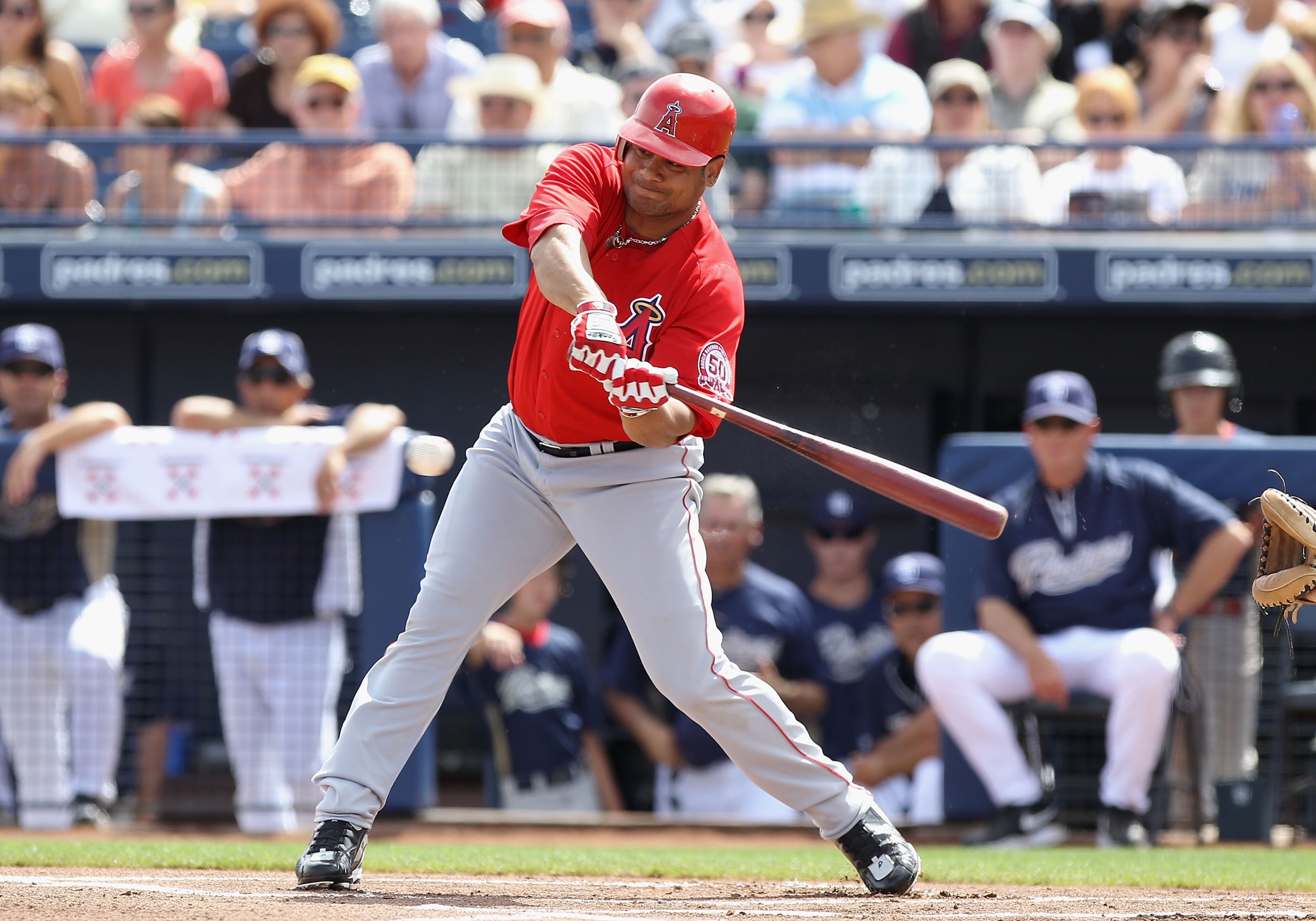 PEORIA, AZ - MARCH 15:  Bobby Abreu #53 of the Los Angeles Angels of Anaheim bats against the San Diego Padres during the spring training game at Peoria Stadium on March 15, 2011 in Peoria, Arizona.  (Photo by Christian Petersen/Getty Images)