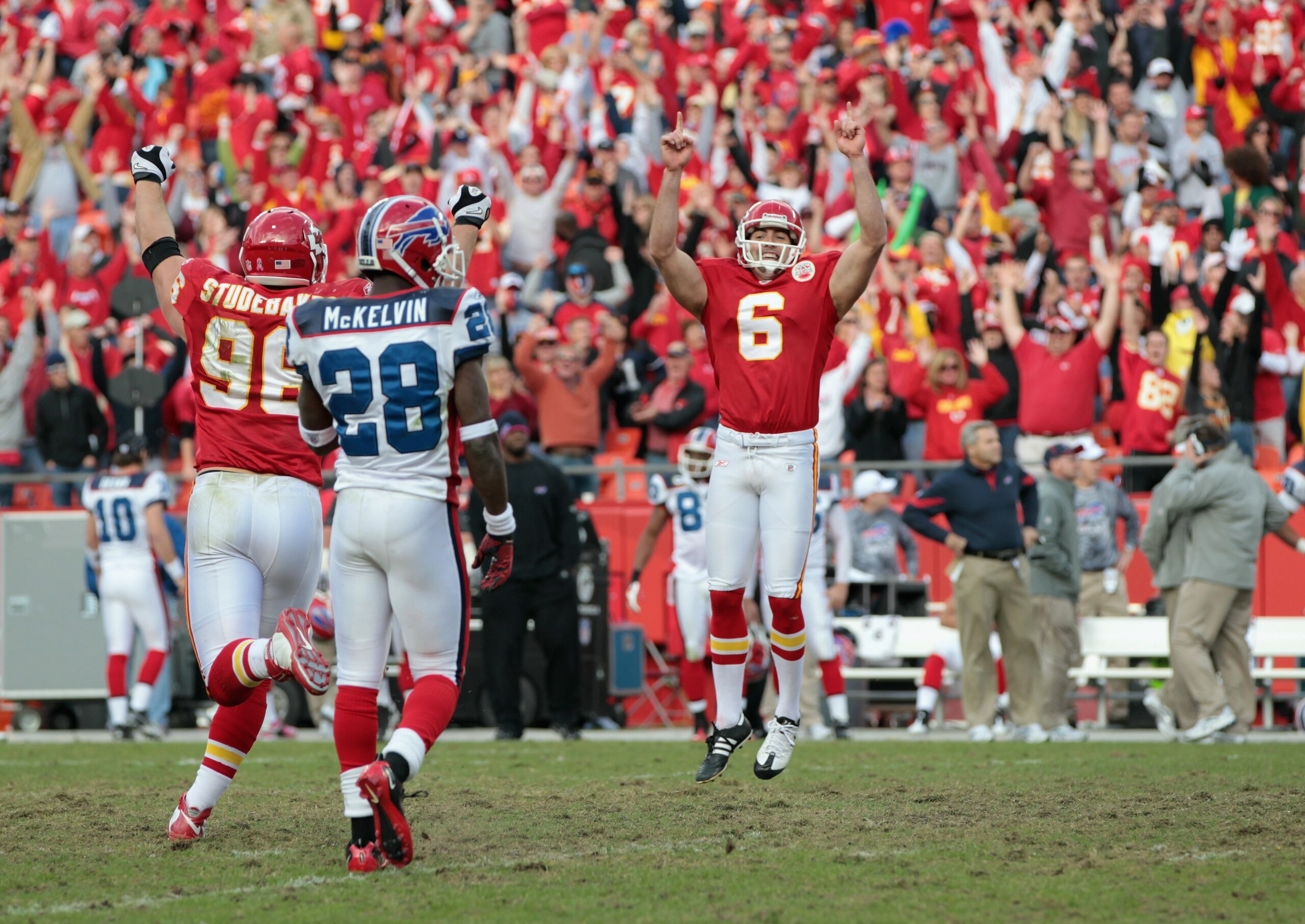 KANSAS CITY, MO - OCTOBER 31:  Kicker Ryan Succop #6 of the Kansas City Chiefs celebrates after making a filed goal in overtime to win the game against the Buffalo Bills on October 31, 2010  at Arrowhead Stadium in Kansas City, Missouri.  (Photo by Jamie 