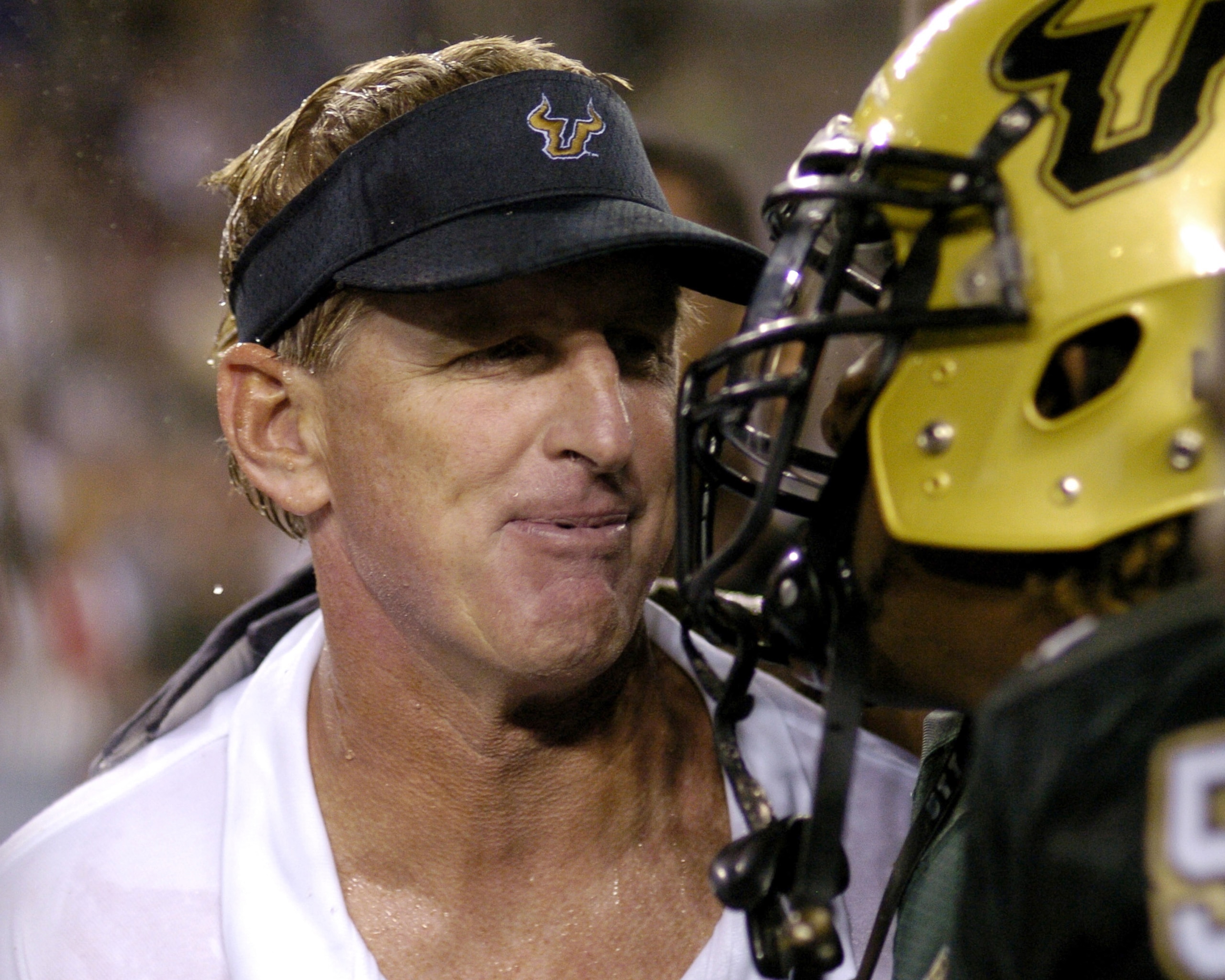 South Florida  coach Jim Leavitt celebrates a victory over Louisville September 24, 2005 in Tampa. The unranked Bulls upset eighth ranked Louisville 45 - 14. (Photo by A. Messerschmidt/Getty Images) *** Local Caption ***