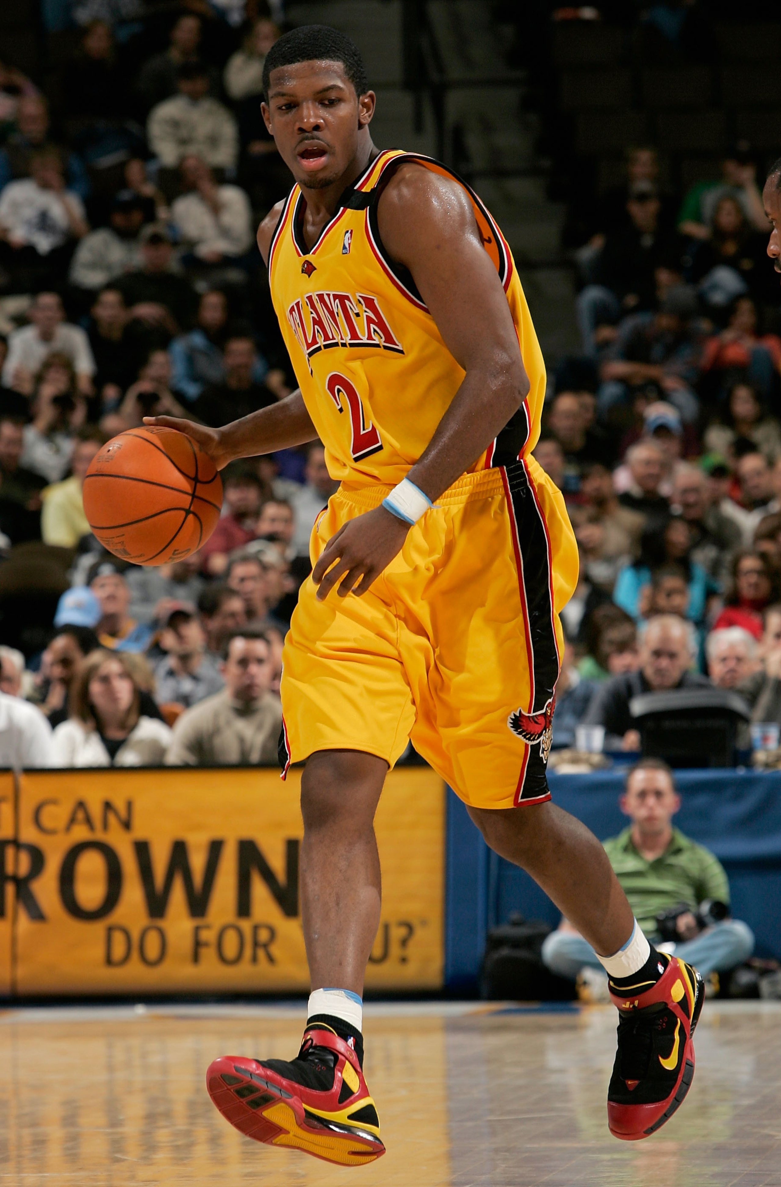 DENVER - DECEMBER 6: Joe Johnson #2 of the Atlanta Hawks brings the ball upcourt during the game against the Denver Nuggets at Pepsi Center on December 6, 2005 in Denver, Colorado. The Nuggets won 125-116. NOTE TO USER: User expressly acknowledges and DENVER - DECEMBER 6: Joe Johnson #2 of the Atlanta Hawks brings the ball upcourt during the game against the Denver Nuggets at Pepsi Center on December 6, 2005 in Denver, Colorado. The Nuggets won 125-116. NOTE TO USER: User expressly acknowledges and