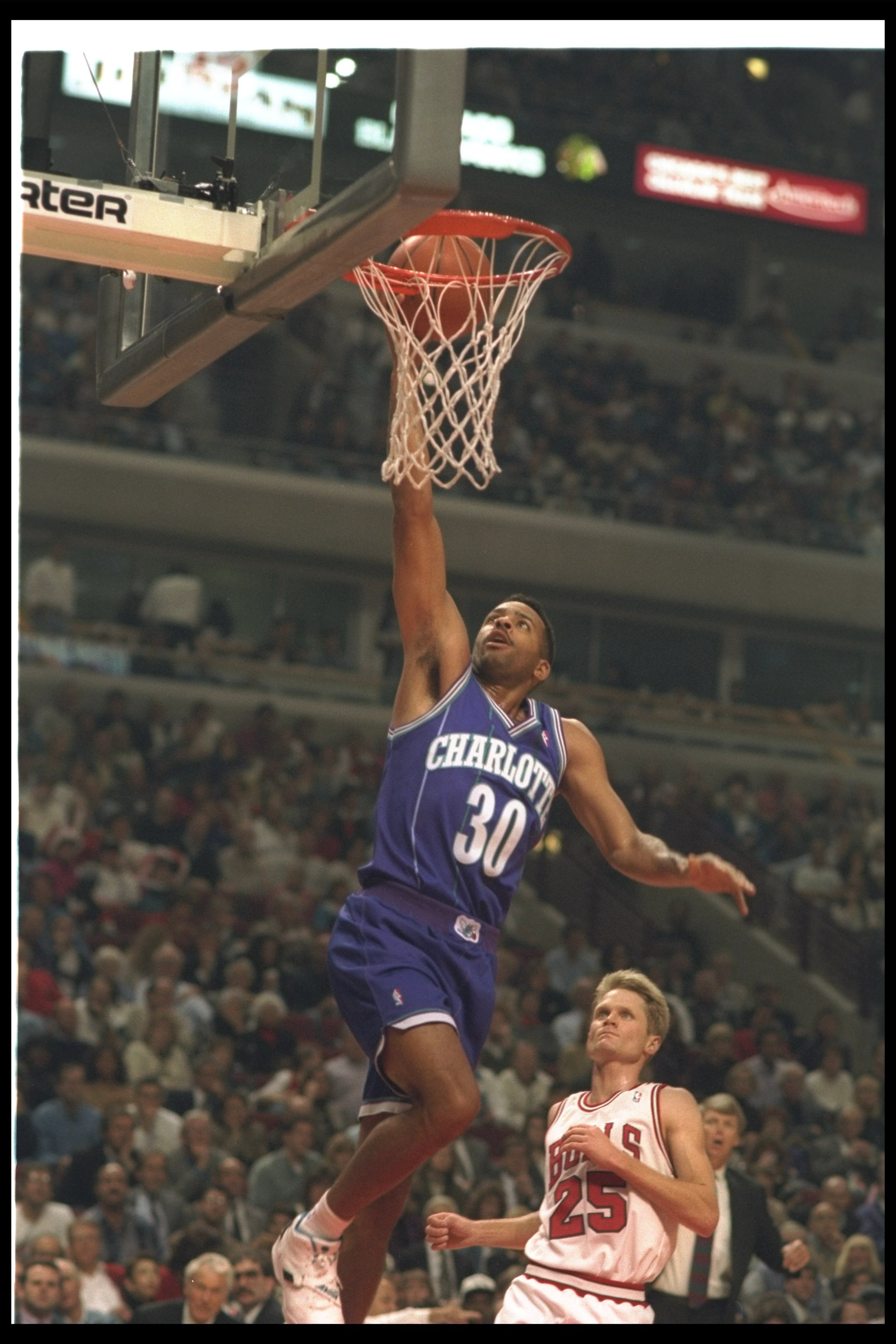 4 Nov 1994: Guard Dell Curry of the Charlotte Hornets goes up for two during a game against the Chicago Bulls at the United Center in Chicago, Illinois. The Bulls won the game, 89-83. Mandatory Credit: Jonathan Daniel /Allsport 4 Nov 1994: Guard Dell Curry of the Charlotte Hornets goes up for two during a game against the Chicago Bulls at the United Center in Chicago, Illinois. The Bulls won the game, 89-83. Mandatory Credit: Jonathan Daniel /Allsport