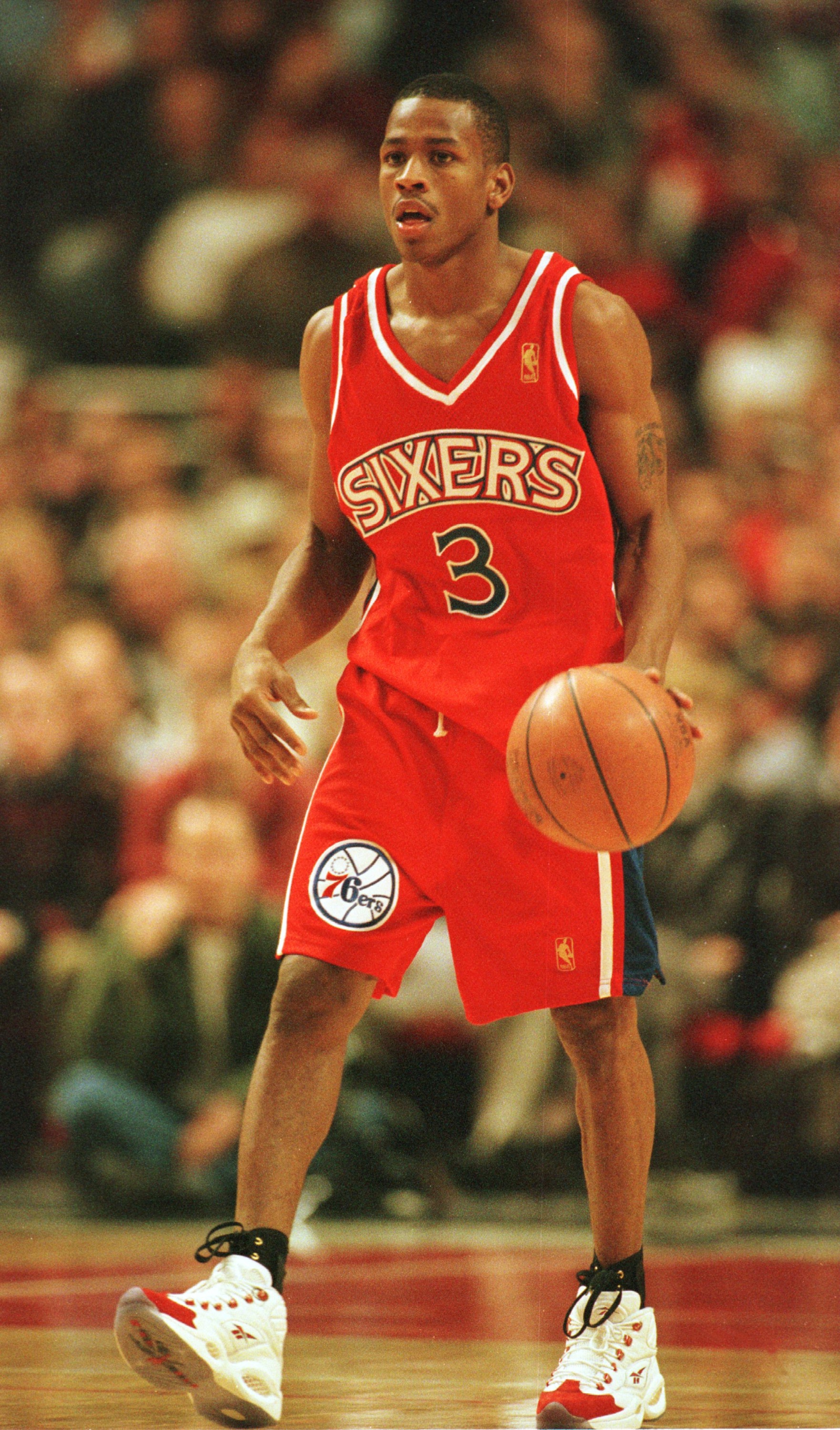 2 Nov 1996: Allen Iverson of the Philadelphia 76ers moves the ball up the court during a 115-86 loss to the Chicago Bulls at the United Center in Chicago, Illinois. Mandatory Credit: Jonathan Daniel/Allsport 2 Nov 1996: Allen Iverson of the Philadelphia 76ers moves the ball up the court during a 115-86 loss to the Chicago Bulls at the United Center in Chicago, Illinois. Mandatory Credit: Jonathan Daniel/Allsport