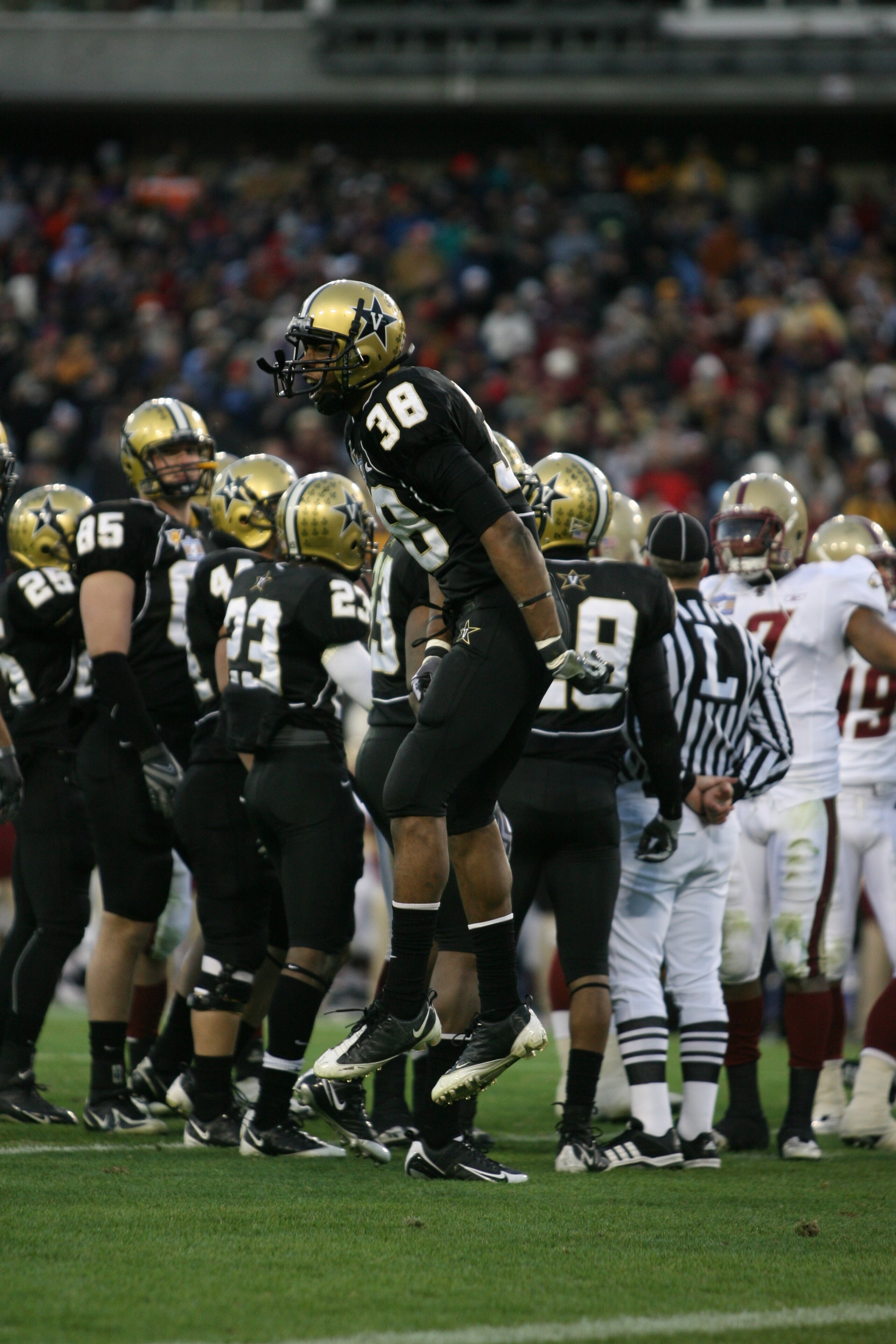 NASHVILLE, TN - DECEMBER 31:  Sean Richardson #38 of the Vanderbilt Commodores celebrates against the Boston College Eagles during the Gaylord Hotels Music City Bowl at LP Field on December 31, 2008 in Nashville, Tennessee.  (Photo by Andy Lyons/Getty Ima
