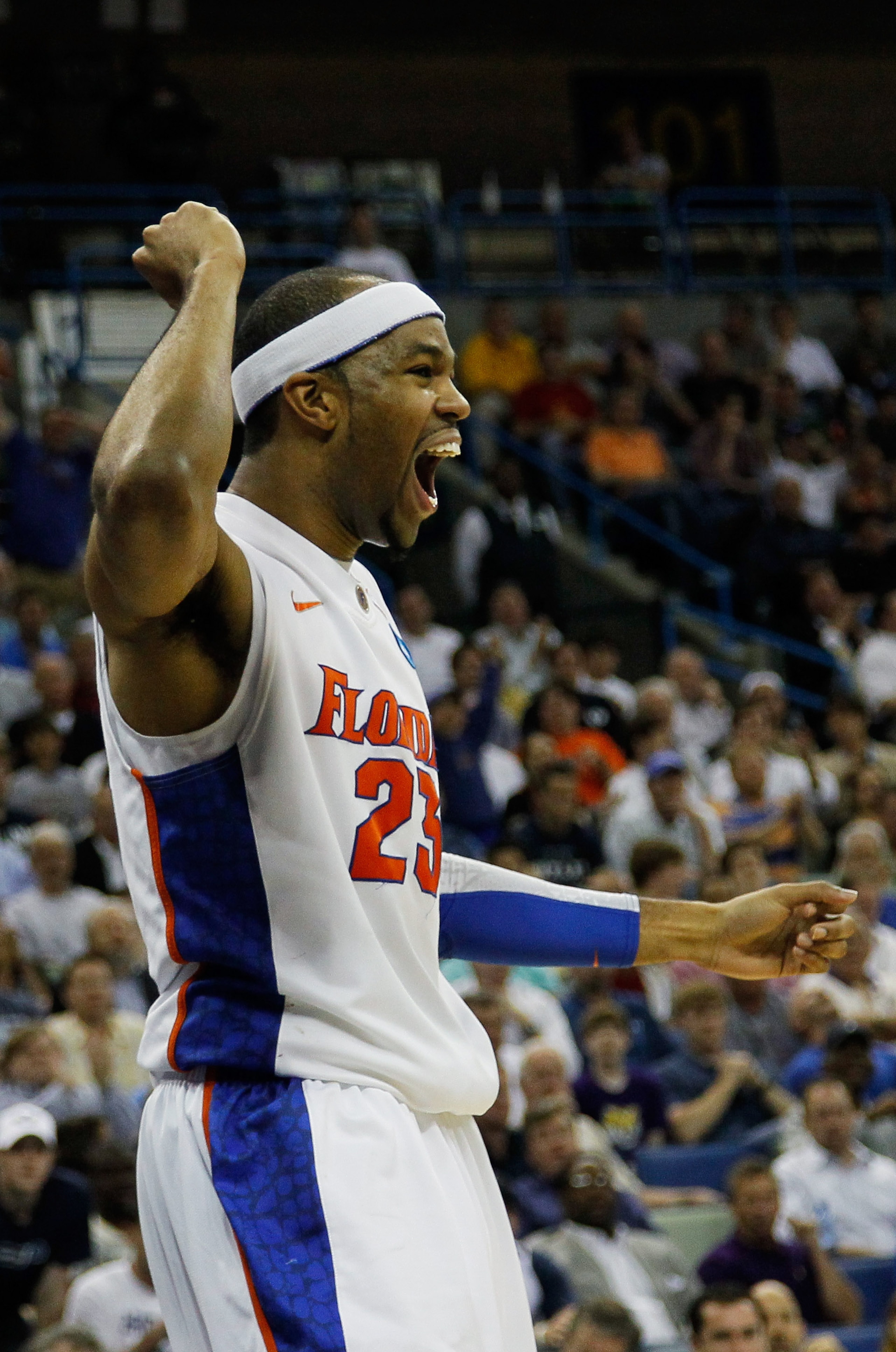 NEW ORLEANS, LA - MARCH 24:  Alex Tyus #23 of the Florida Gators celebrates during their game against the Brigham Young Cougars in the Southeast regional of the 2011 NCAA men's basketball tournament at New Orleans Arena on March 24, 2011 in New Orleans, L