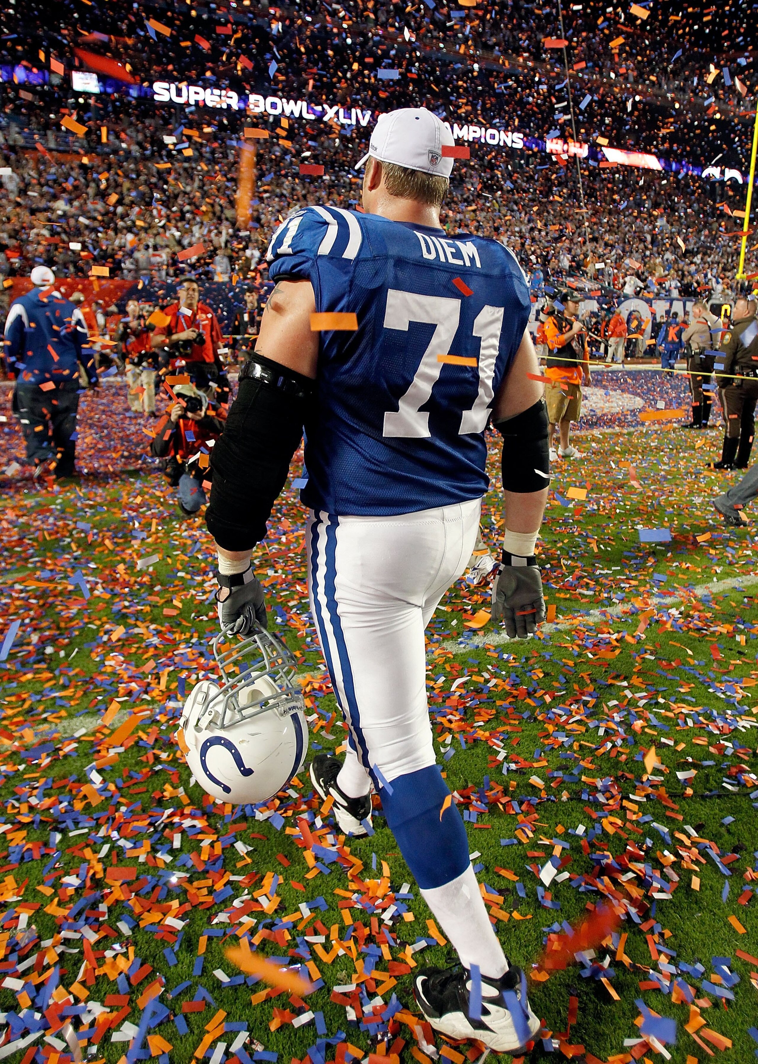 MIAMI GARDENS, FL - FEBRUARY 07:  Ryan Diem #71 of the Indianapolis Colts walks off the field after being defeated by the New Orleans Saints during Super Bowl XLIV on February 7, 2010 at Sun Life Stadium in Miami Gardens, Florida.  (Photo by Jonathan Dani