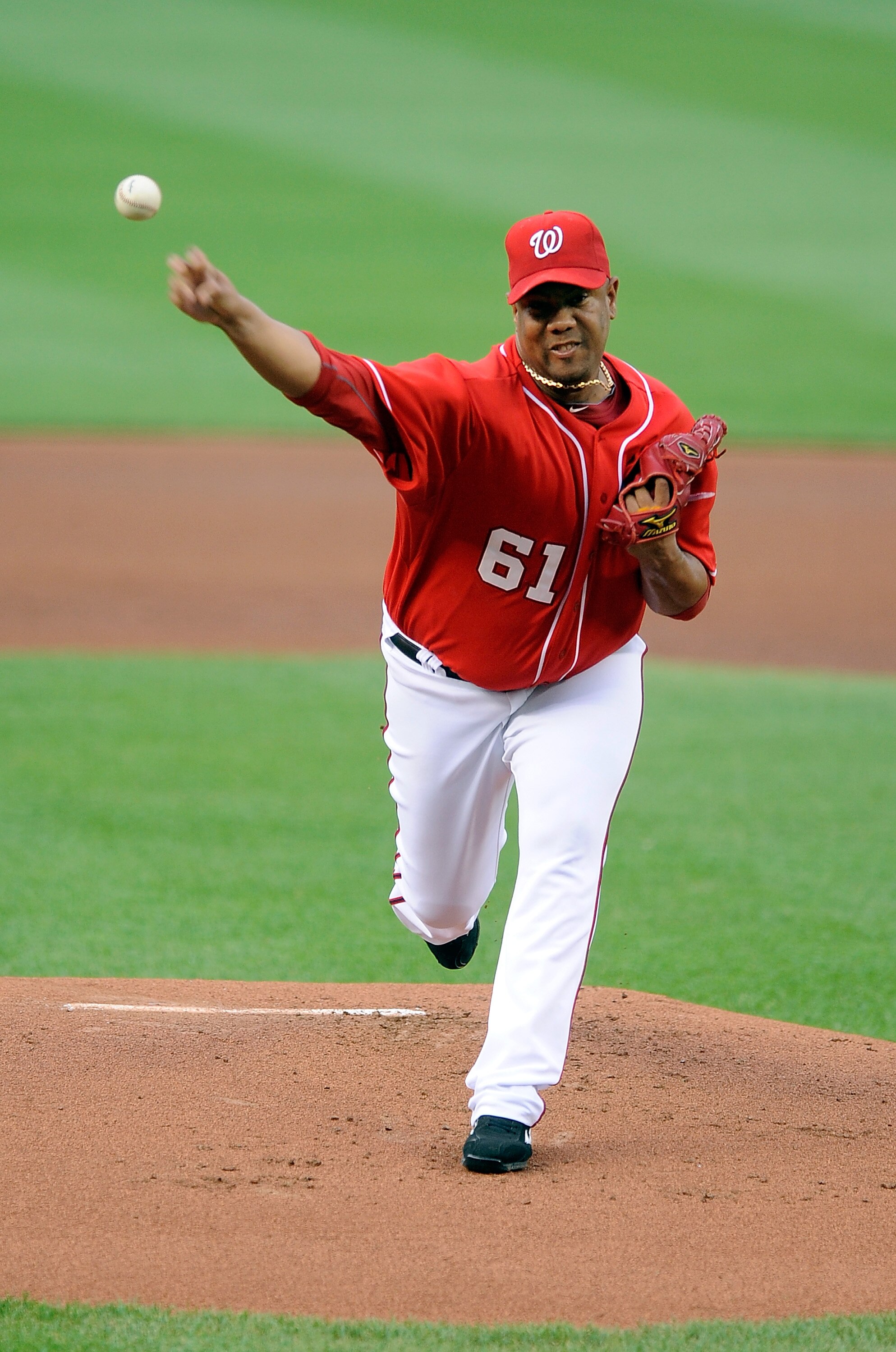 WASHINGTON - JUNE 04:  Livan Hernandez #61 of the Washington Nationals pitches against the Cincinnati Reds at Nationals Park on June 4, 2010 in Washington, DC.  (Photo by Greg Fiume/Getty Images)