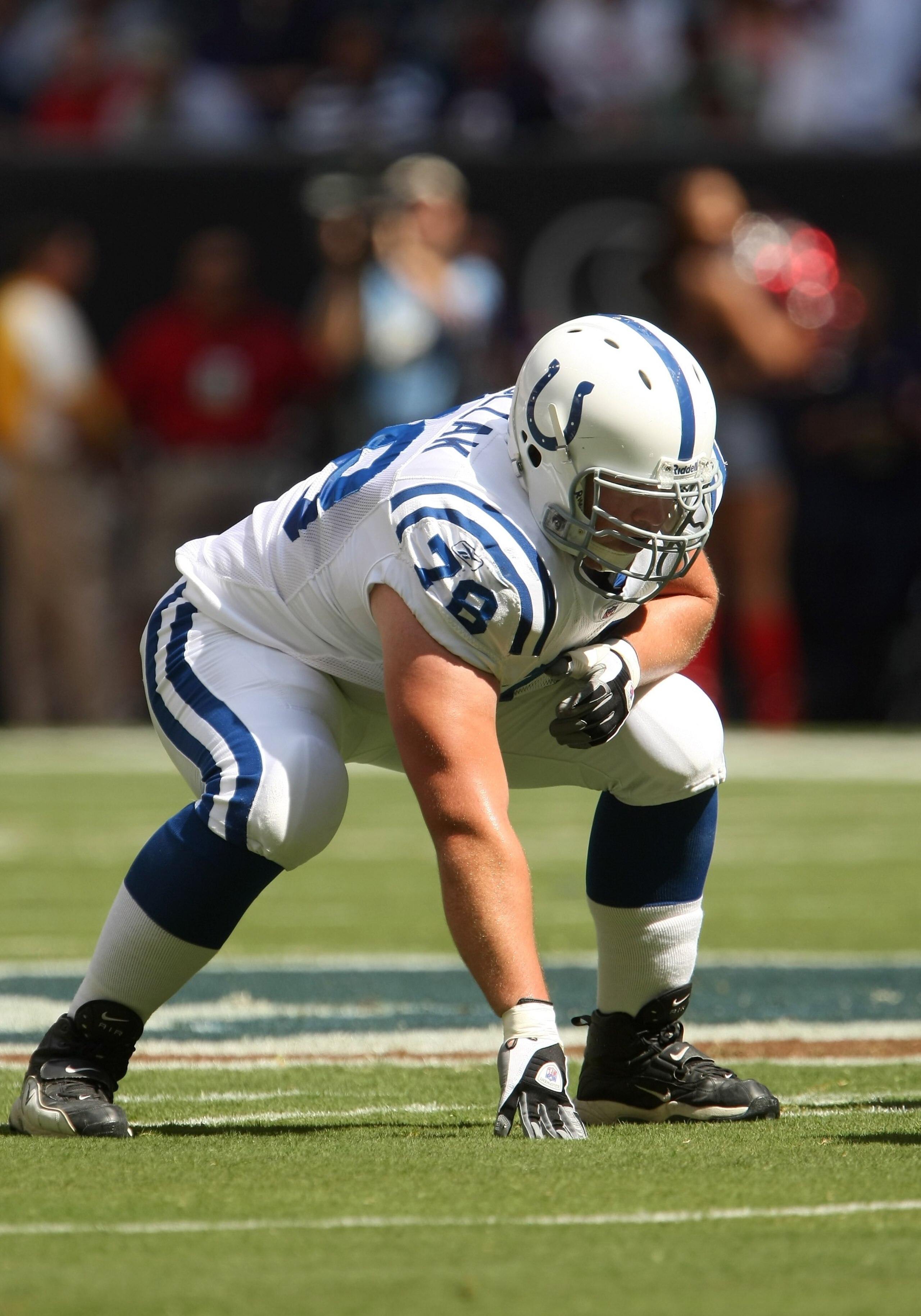HOUSTON - OCTOBER 05:  Guard Mike Pollack #78 of the Indianapolis Colts sets on the line of scrimmage against the Houston Texans on October 5, 2008 at Reliant Stadium in Houston, Texas.  The Colts won 31-27.  (Photo by Stephen Dunn/Getty Images)