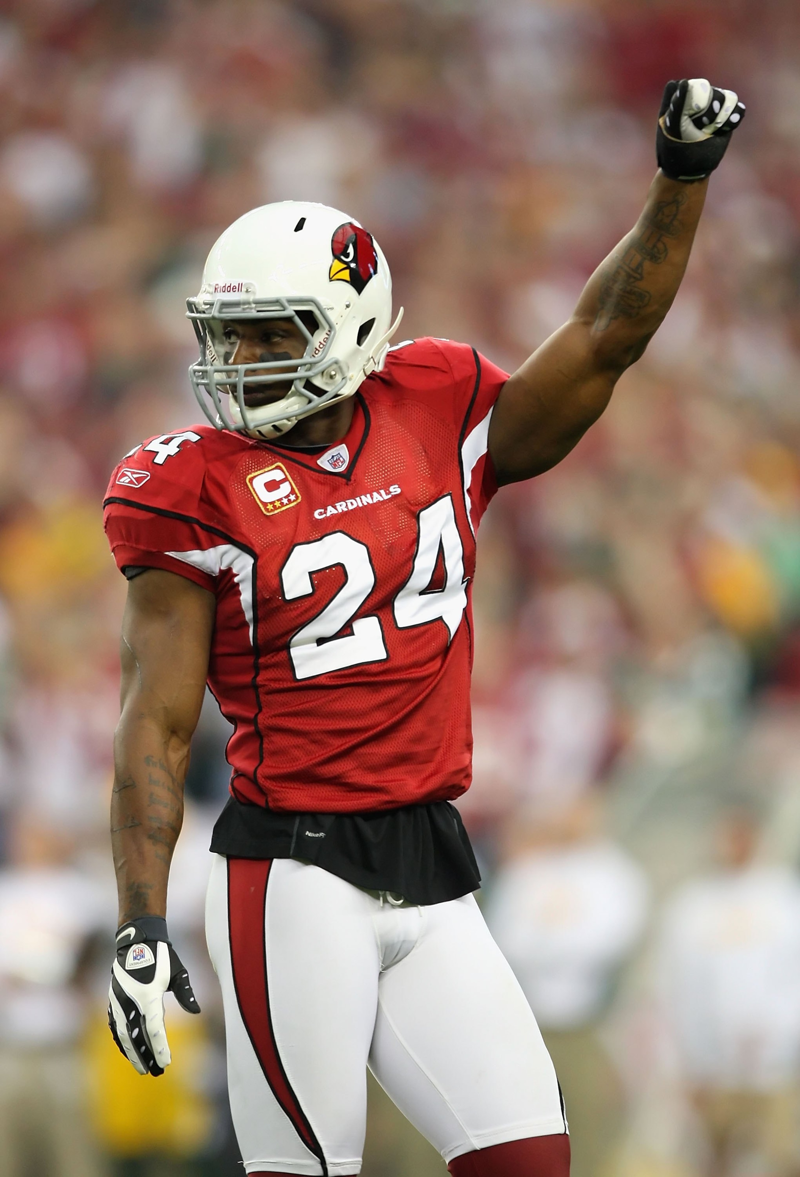 GLENDALE, AZ - JANUARY 10:  Safety Adrian Wilson #24 of the Arizona Cardinals celebrates during the 2010 NFC wild-card playoff game against  the Green Bay Packers at the Universtity of Phoenix Stadium on January 10, 2010 in Glendale, Arizona.  The Cardina