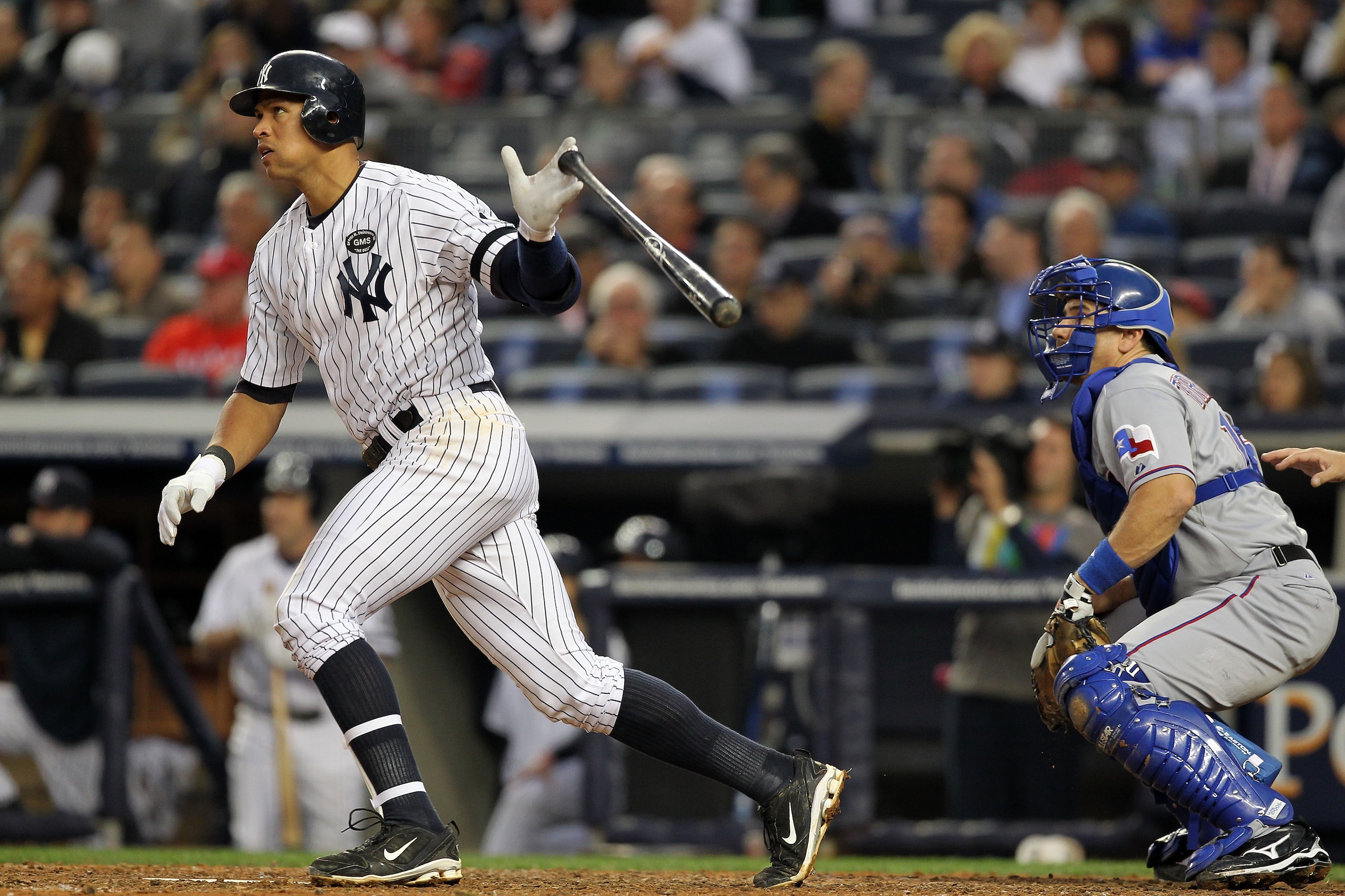 NEW YORK - OCTOBER 20:  Alex Rodriguez #13 of the New York Yankees hits a ground rule double in the bottom of the fifth inning against the Texas Rangers in Game Five of the ALCS during the 2010 MLB Playoffs at Yankee Stadium on October 20, 2010 in the Bro