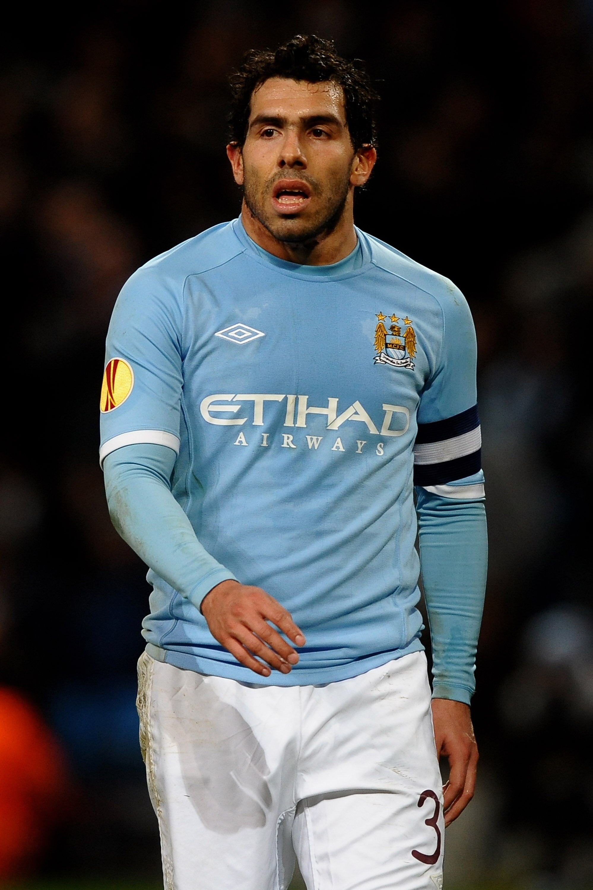 MANCHESTER, ENGLAND - MARCH 17:  Carlos Tevez of Manchester City  looks on during the UEFA Europa League round of 16 second leg match between Manchester City and Dynamo Kiev at City of Manchester Stadium on March 17, 2011 in Manchester, England.  (Photo b