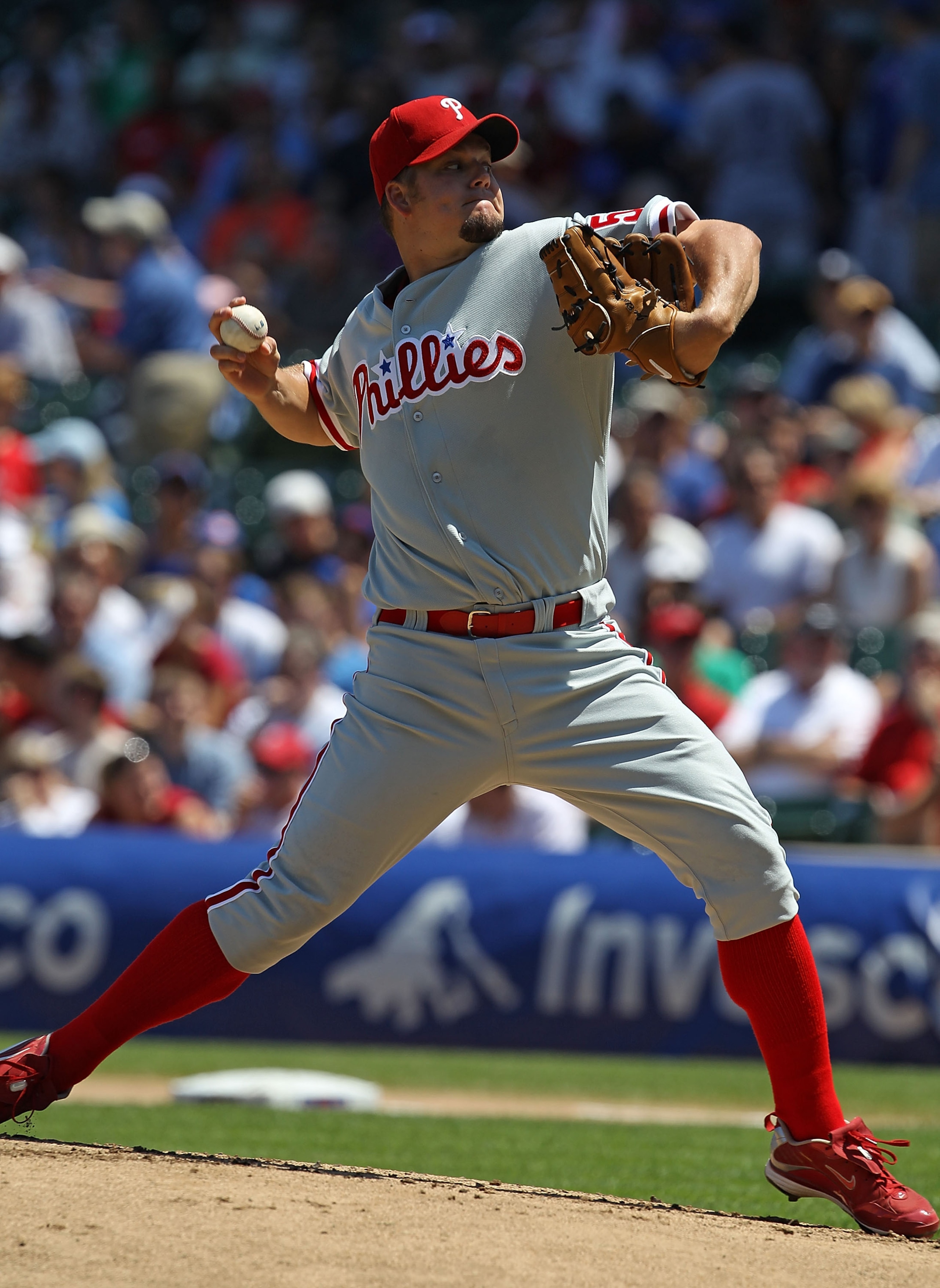 CHICAGO - JULY 16: Starting pitcher Joe Blanton #56 of the Philadelphia Phillies delivers the ball against the Chicago Cubs at Wrigley Field on July 16, 2010 in Chicago, Illinois. The Cubs defeated the Phillies 4-3.  (Photo by Jonathan Daniel/Getty Images