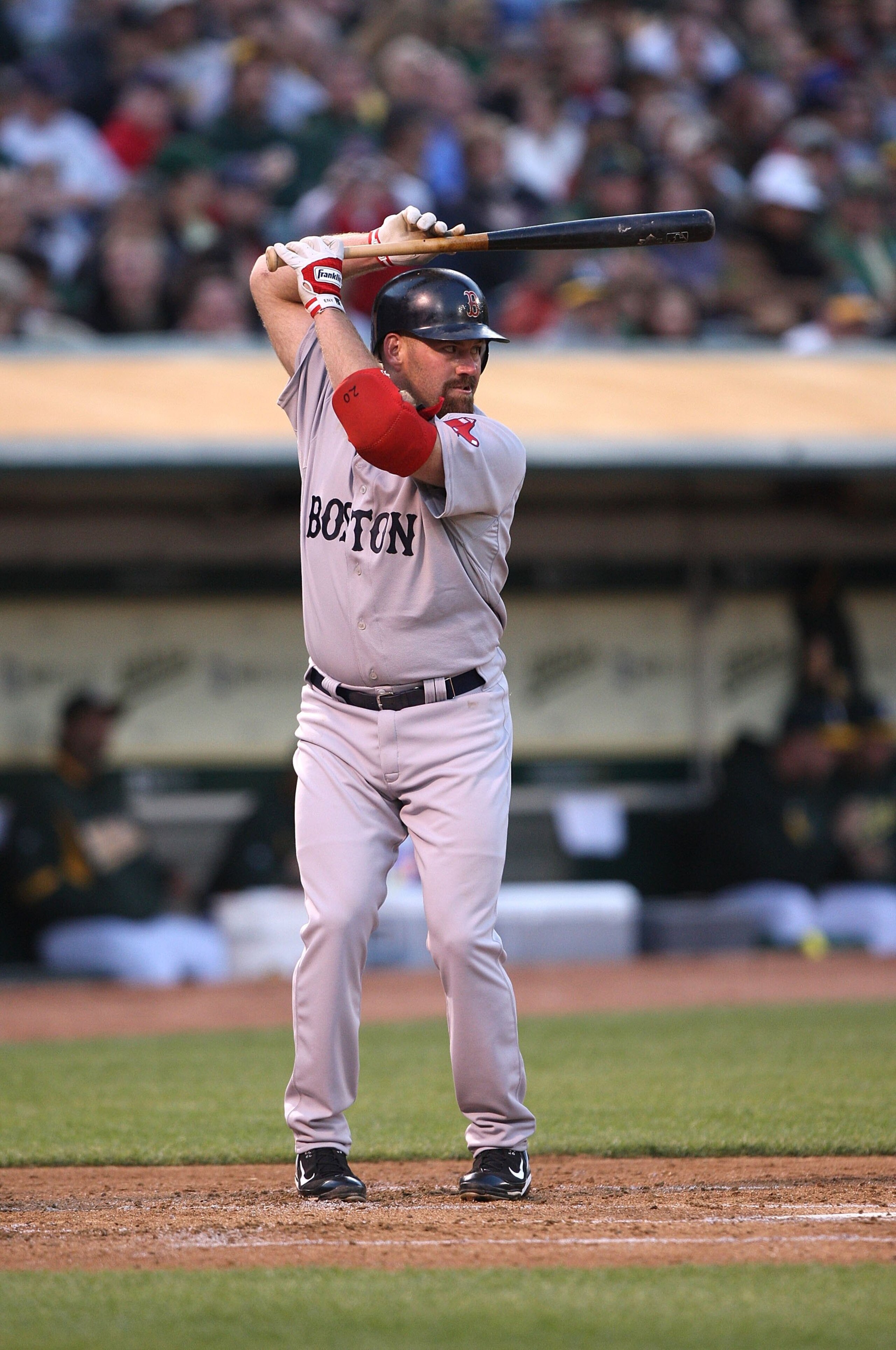 OAKLAND, CA - APRIL 13:  Kevin Youklis #20 of the Boston Red Sox bats against the Oakland Athletics during a Major League Baseball game on April 13, 2009 at the Oakland Coliseum in Oakland, California.  (Photo by Jed Jacobsohn/Getty Images)