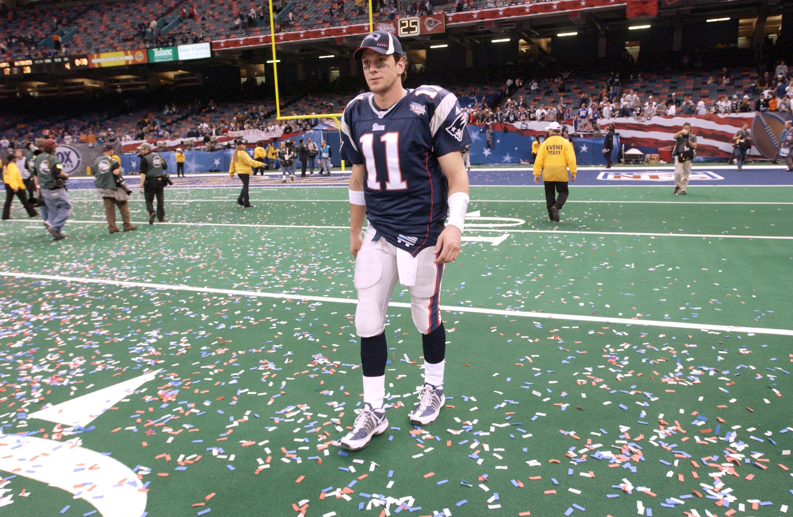 03 Feb 2002:   Drew Bledsoe of the New England Patriots leaves the field after Superbowl XXXVI at the Superdome in New Orleans, Louisiana.  The Patriots won over the St.Louis Rams 20-17, with a 48-yard field goal by kicker Adam Vinatieri with 10 seconds l