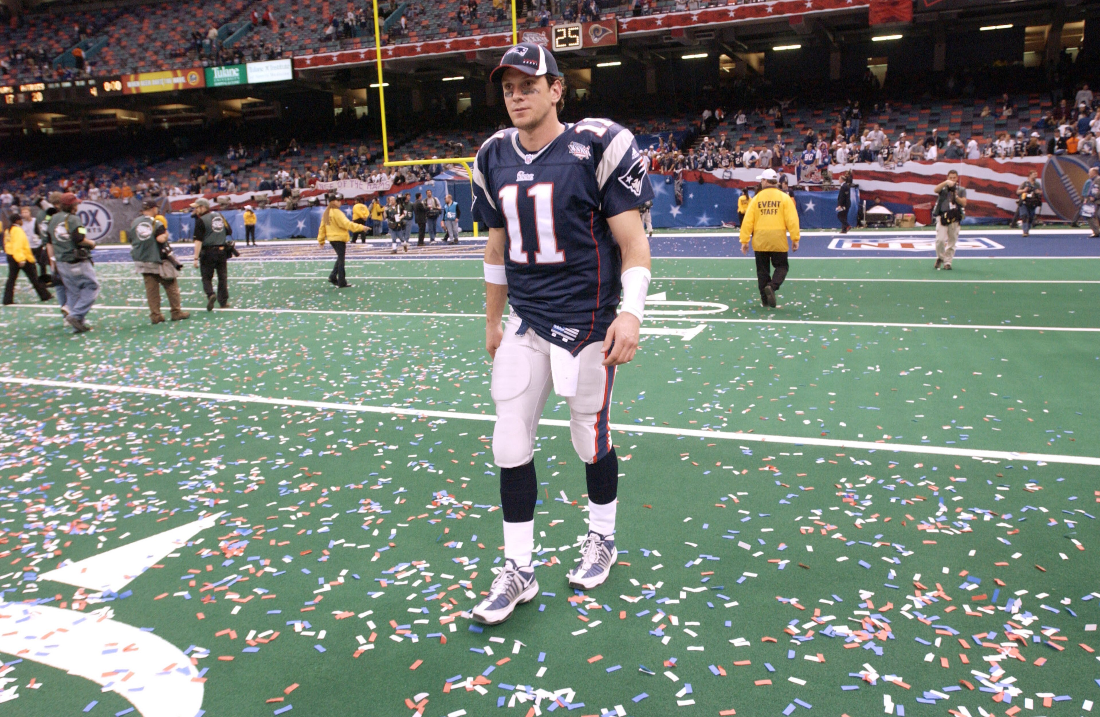 03 Feb 2002:   Drew Bledsoe of the New England Patriots leaves the field after Superbowl XXXVI at the Superdome in New Orleans, Louisiana.  The Patriots won over the St.Louis Rams 20-17, with a 48-yard field goal by kicker Adam Vinatieri with 10 seconds l