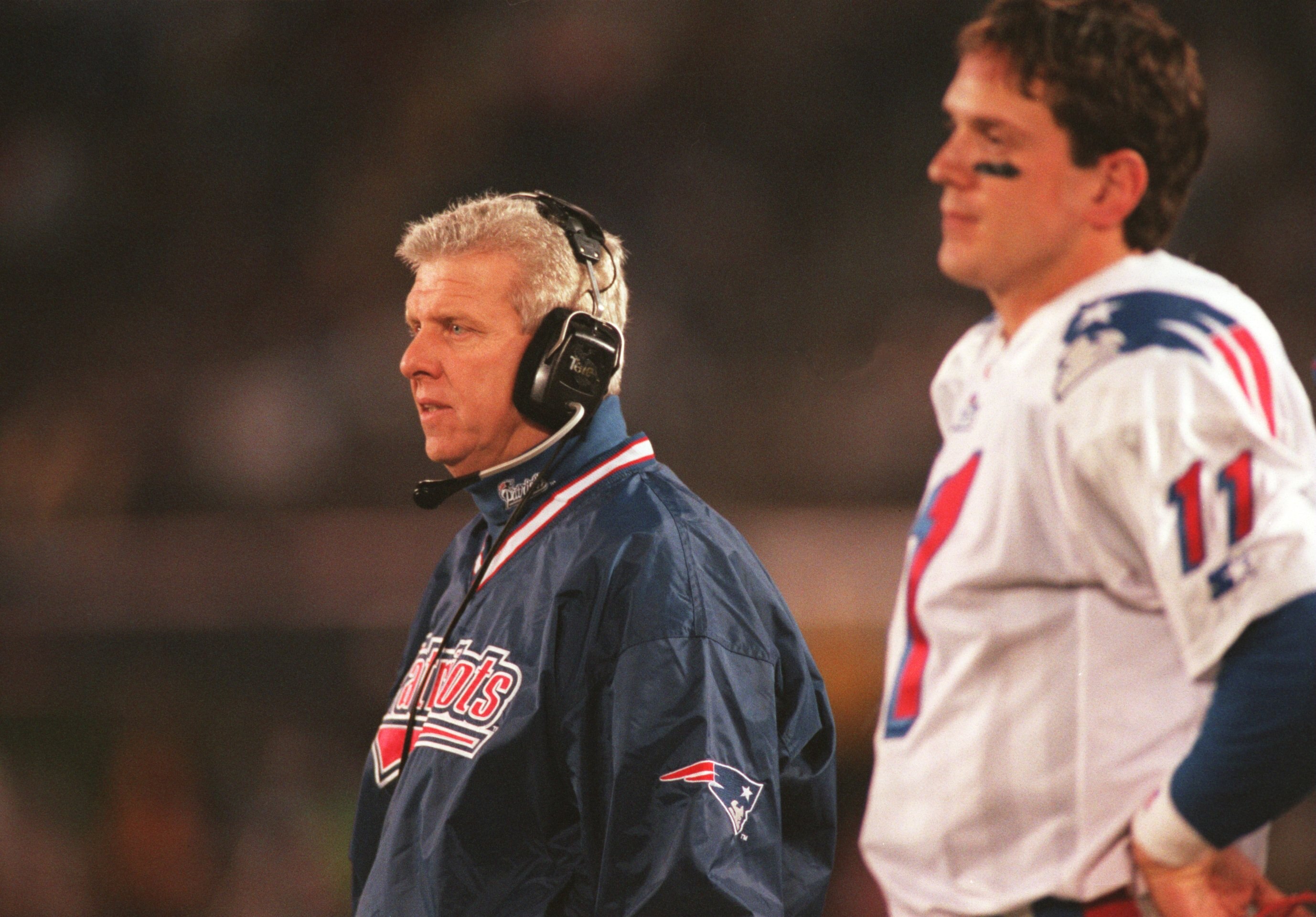 1 Dec 1996: Head coach Bill Parcells and quarterback Drew Bledsoe of the New England Patriots during the Patriots 45-7 win over the San Diego Chargers at Jack Murphy Stadium in San Diego, California. Mandatory Credit: J.D. Cuban/Allsport 1 Dec 1996: Head coach Bill Parcells and quarterback Drew Bledsoe of the New England Patriots during the Patriots 45-7 win over the San Diego Chargers at Jack Murphy Stadium in San Diego, California. Mandatory Credit: J.D. Cuban/Allsport