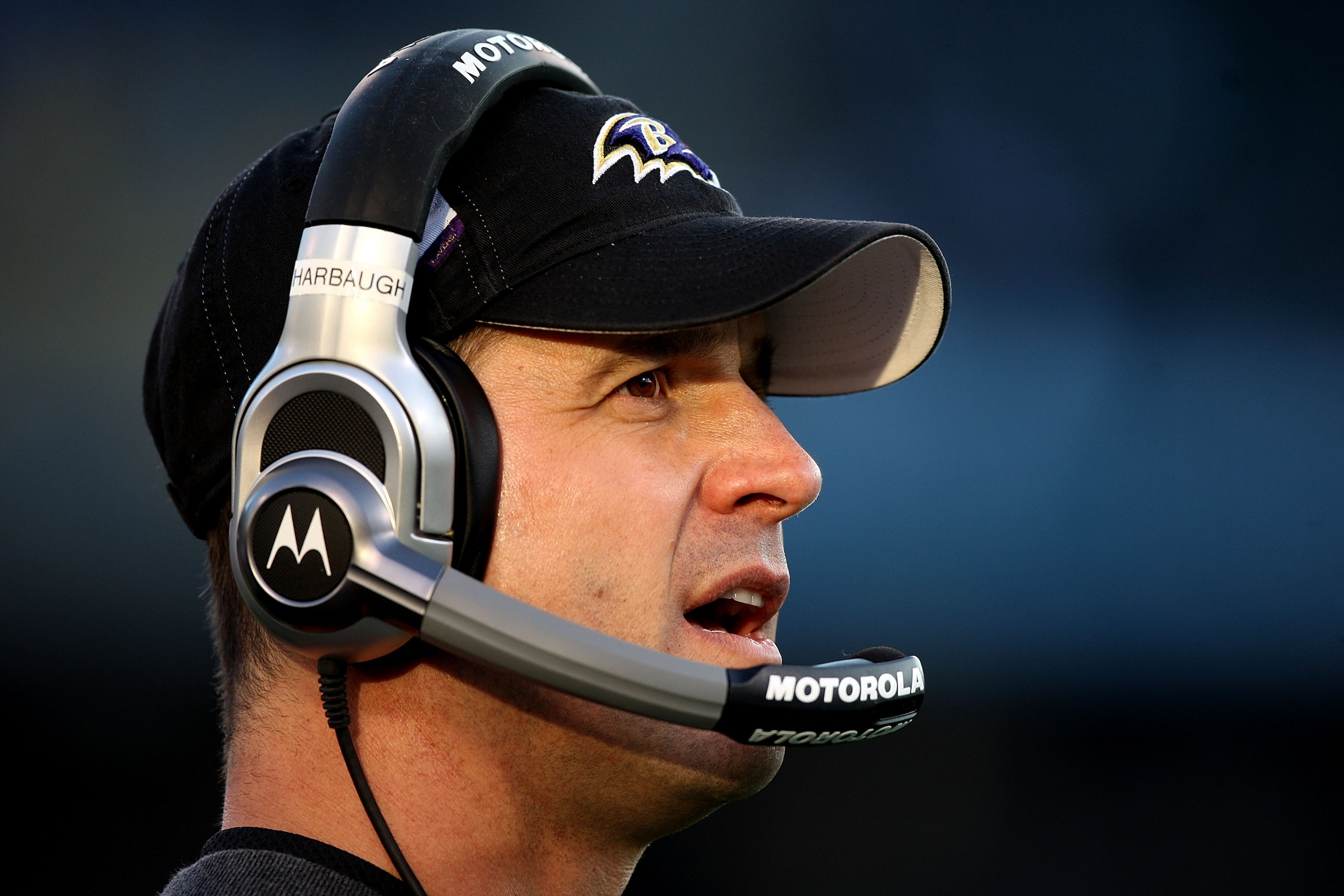 OAKLAND, CA - JANUARY 03:  Head coach John Harbaugh of the Baltimore Ravens looks on against the Oakland Raiders during an NFL game at Oakland-Alameda County Coliseum on January 3, 2010 in Oakland, California.  (Photo by Jed Jacobsohn/Getty Images)