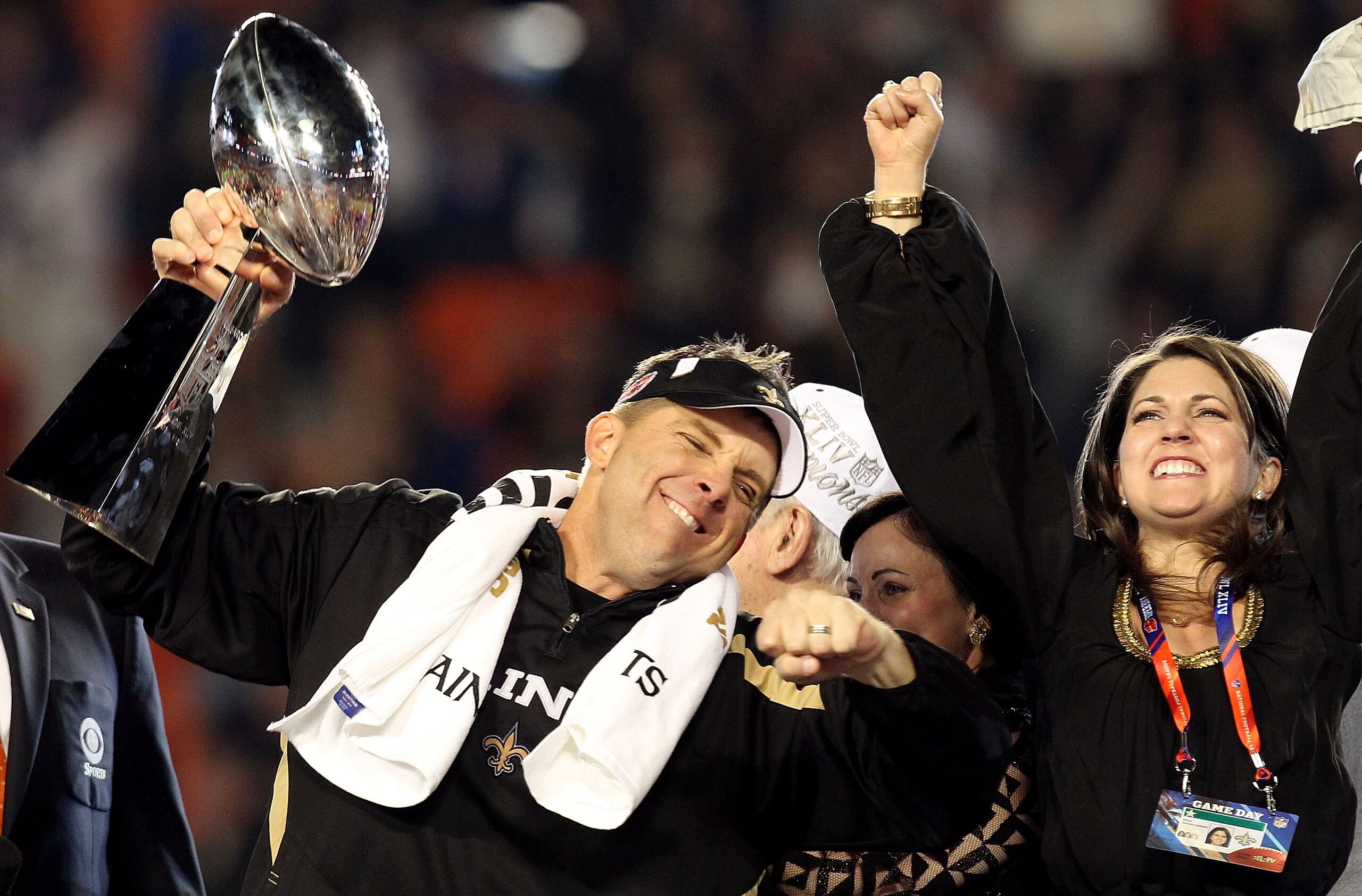 MIAMI GARDENS, FL - FEBRUARY 07:  Head coach Sean Payton of the New Orleans Saints celebrates with the Vince Lombardi Trophy after his team defeated the Indianapolis Colts during Super Bowl XLIV on February 7, 2010 at Sun Life Stadium in Miami Gardens, Fl
