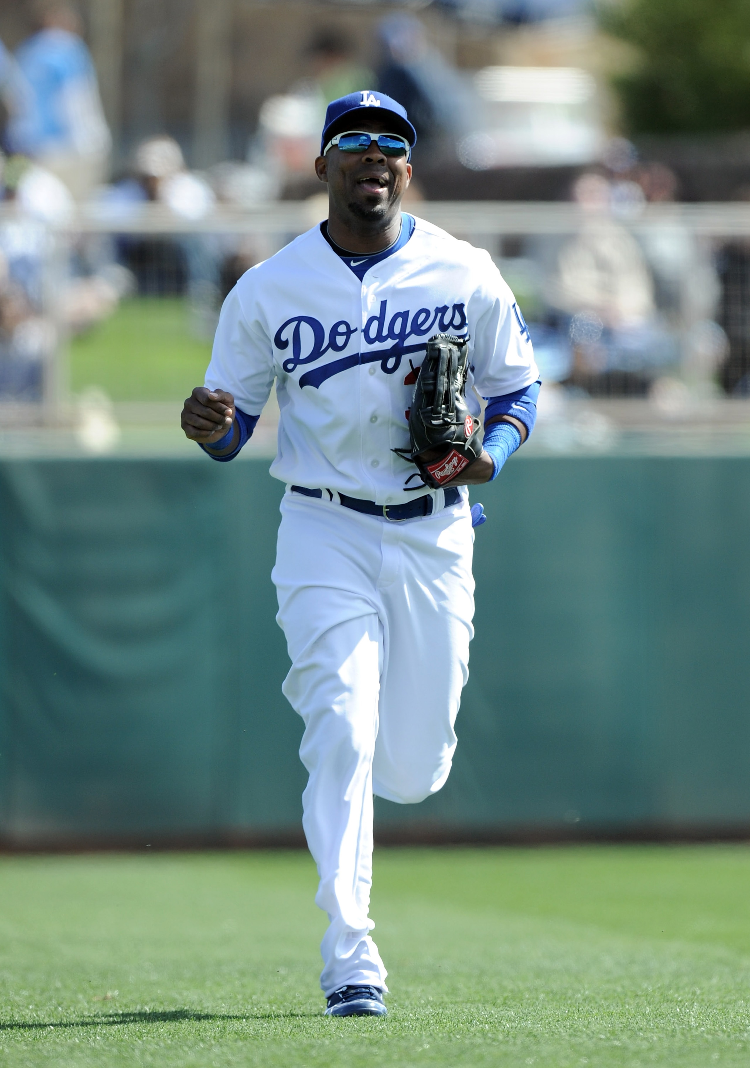 PHOENIX, AZ - FEBRUARY 27:  Marcus Thames #33 of the Los Angeles Dodgers smiles as he leaves the field during spring training at Camelback Ranch on February 27, 2011 in Phoenix, Arizona.  (Photo by Harry How/Getty Images)