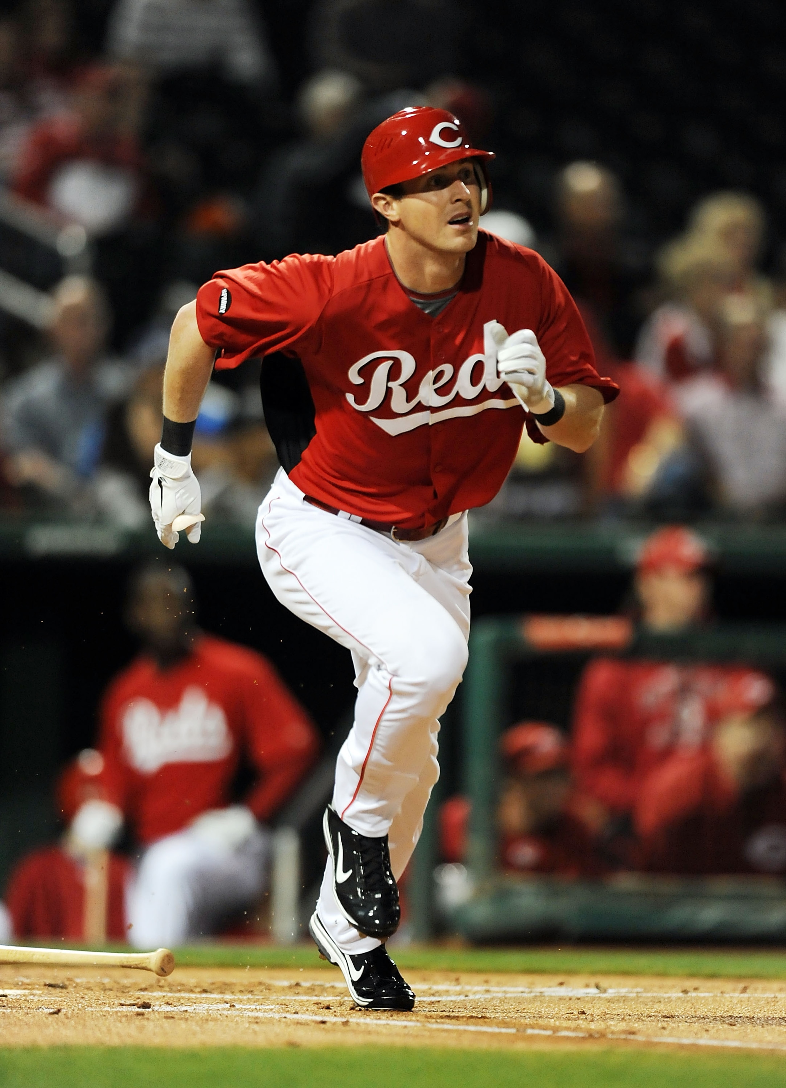 GOODYEAR, AZ - MARCH 03:  Drew Stubbs #6 of the Cincinnati Reds runs out of the batters box to first base against the Los Angeles Dodgers at Goodyear Ballpark on March 3, 2011 in Goodyear, Arizona.  (Photo by Norm Hall/Getty Images)
