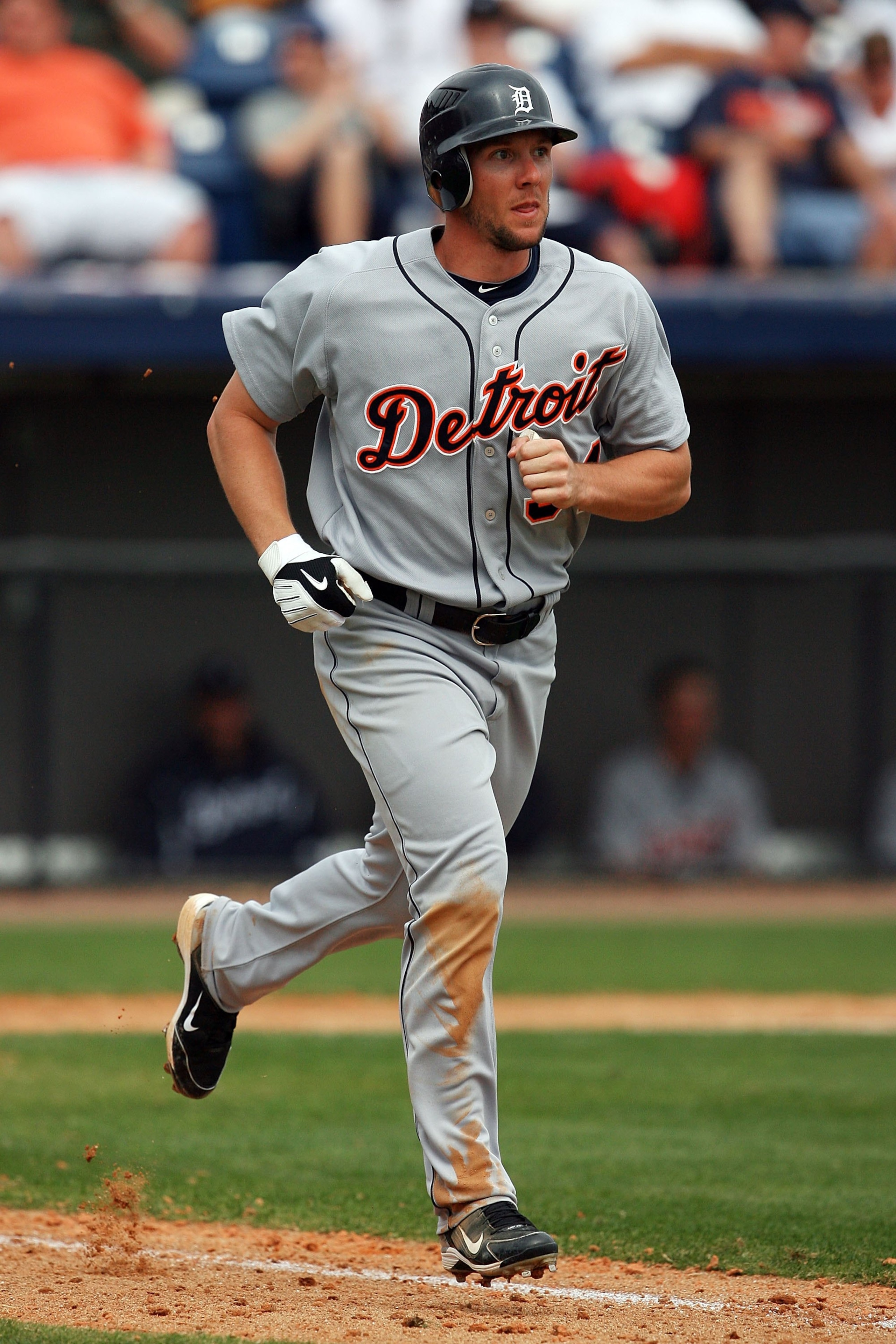 VIERA, FL - MARCH 09:  Outfielder Clete Thomas #34 of the Detroit Tigers follows his hit against the Washington Nationals at Space Coast Stadium on March 9, 2010 in Viera, Florida.  (Photo by Doug Benc/Getty Images)
