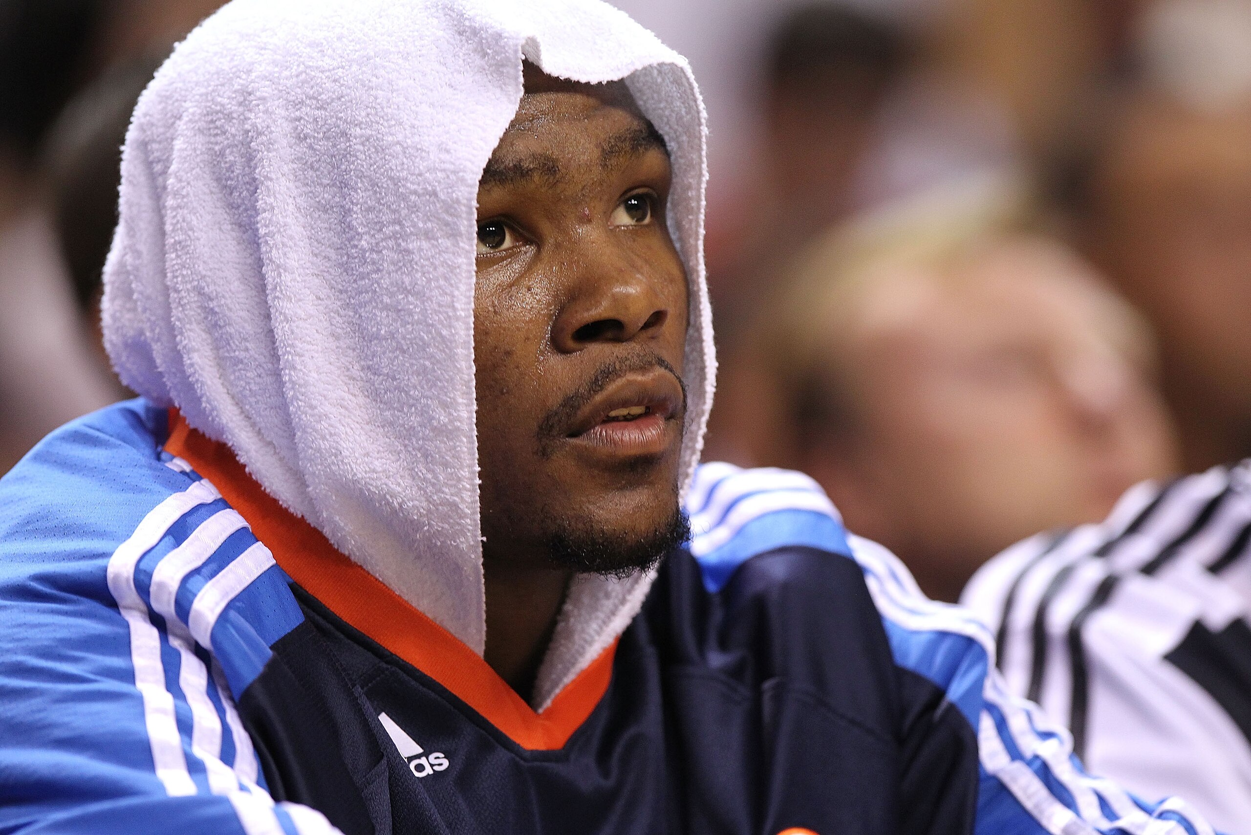 MIAMI, FL - MARCH 16:  Kevin Durant #35 of the Oklahoma City Thunder looks on during a game against the Miami Heat at American Airlines Arena on March 16, 2011 in Miami, Florida. NOTE TO USER: User expressly acknowledges and agrees that, by downloading an