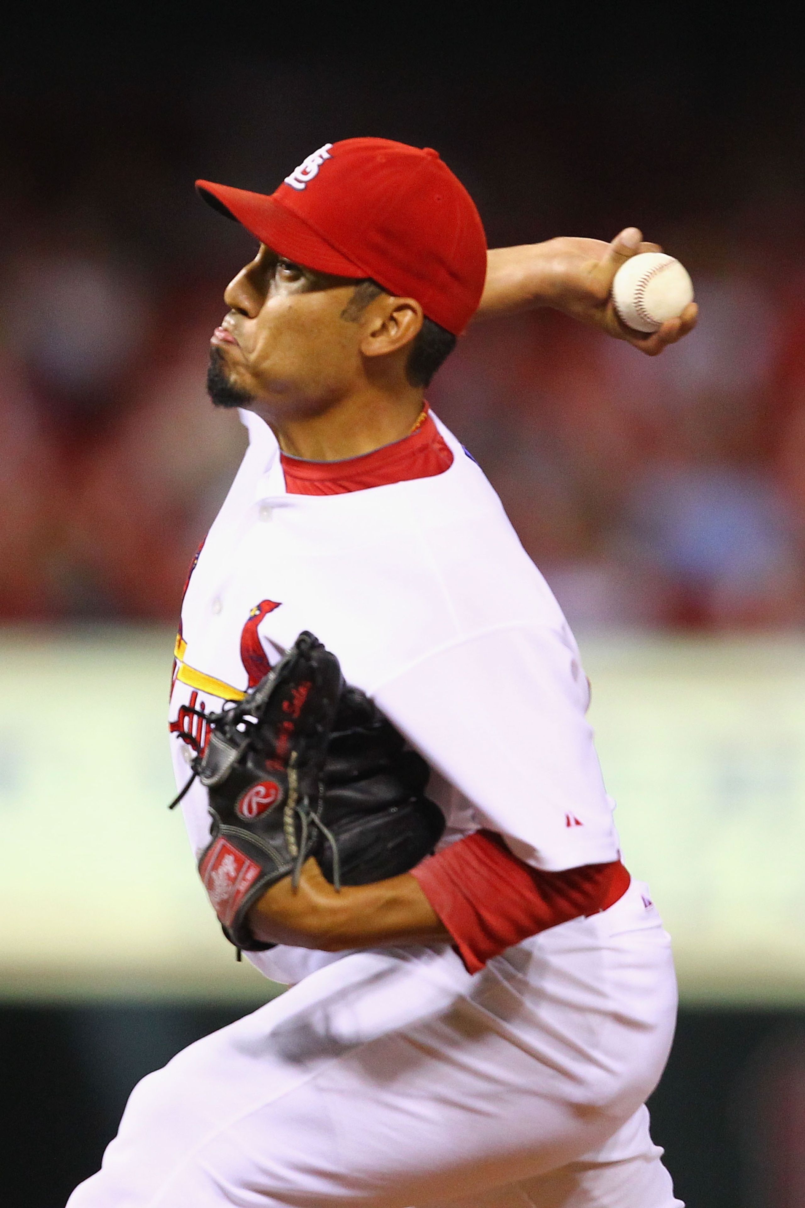 ST. LOUIS - SEPTEMBER 17: Reliever Fernando Salas #59 of the St. Louis Cardinals pitches against the San Diego Padres at Busch Stadium on September 17, 2010 in St. Louis, Missouri.  The Cardinals beat the Padres 14-4.  (Photo by Dilip Vishwanat/Getty Imag