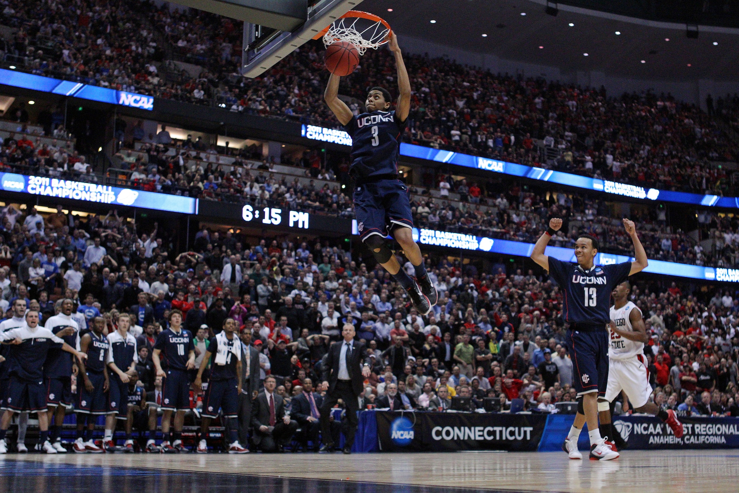 ANAHEIM, CA - MARCH 24:  Jeremy Lamb #3 of the Connecticut Huskies dunks the ball towards the end of the game against of the San Diego State Aztecs during the west regional semifinal of the 2011 NCAA men's basketball tournament at the Honda Center on Marc