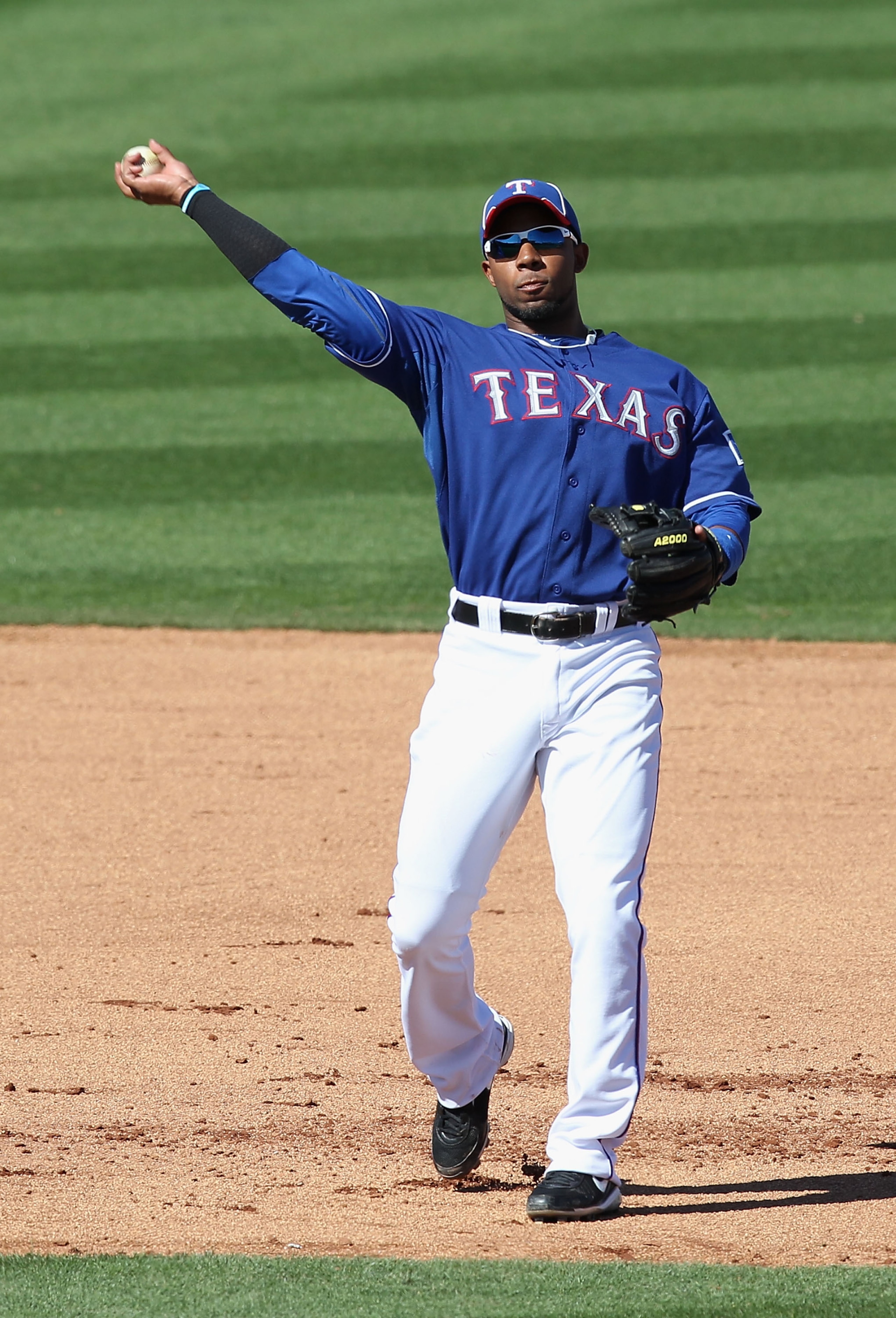 SURPRISE, AZ - MARCH 02:  Infielder Elvis Andrus #1 of the Texas Rangers during the spring training game against the Los Angeles Angels of Anaheim at Surprise Stadium on March 2, 2011 in Surprise, Arizona.  (Photo by Christian Petersen/Getty Images)