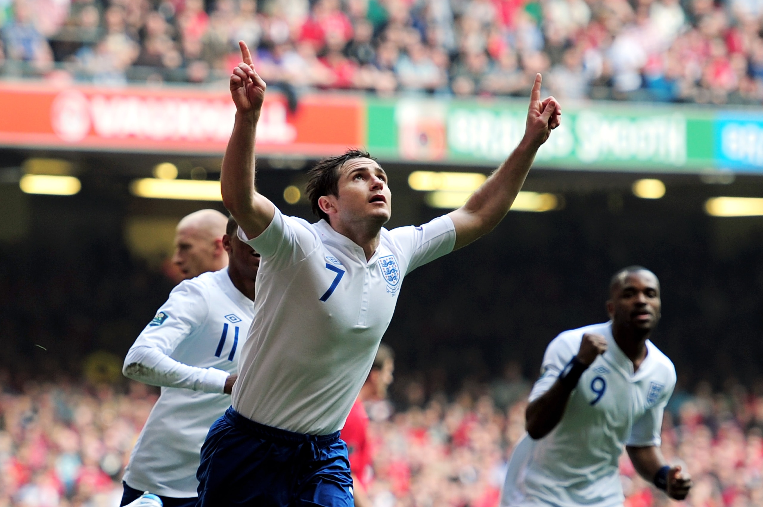 CARDIFF, WALES - MARCH 26:  Frank Lampard of England celebrates after scoring the opening goal from the penalty spot during the UEFA EURO 2012 Group G qualifying match between Wales and England at the Millennium Stadium on March 26, 2011 in Cardiff, Wales