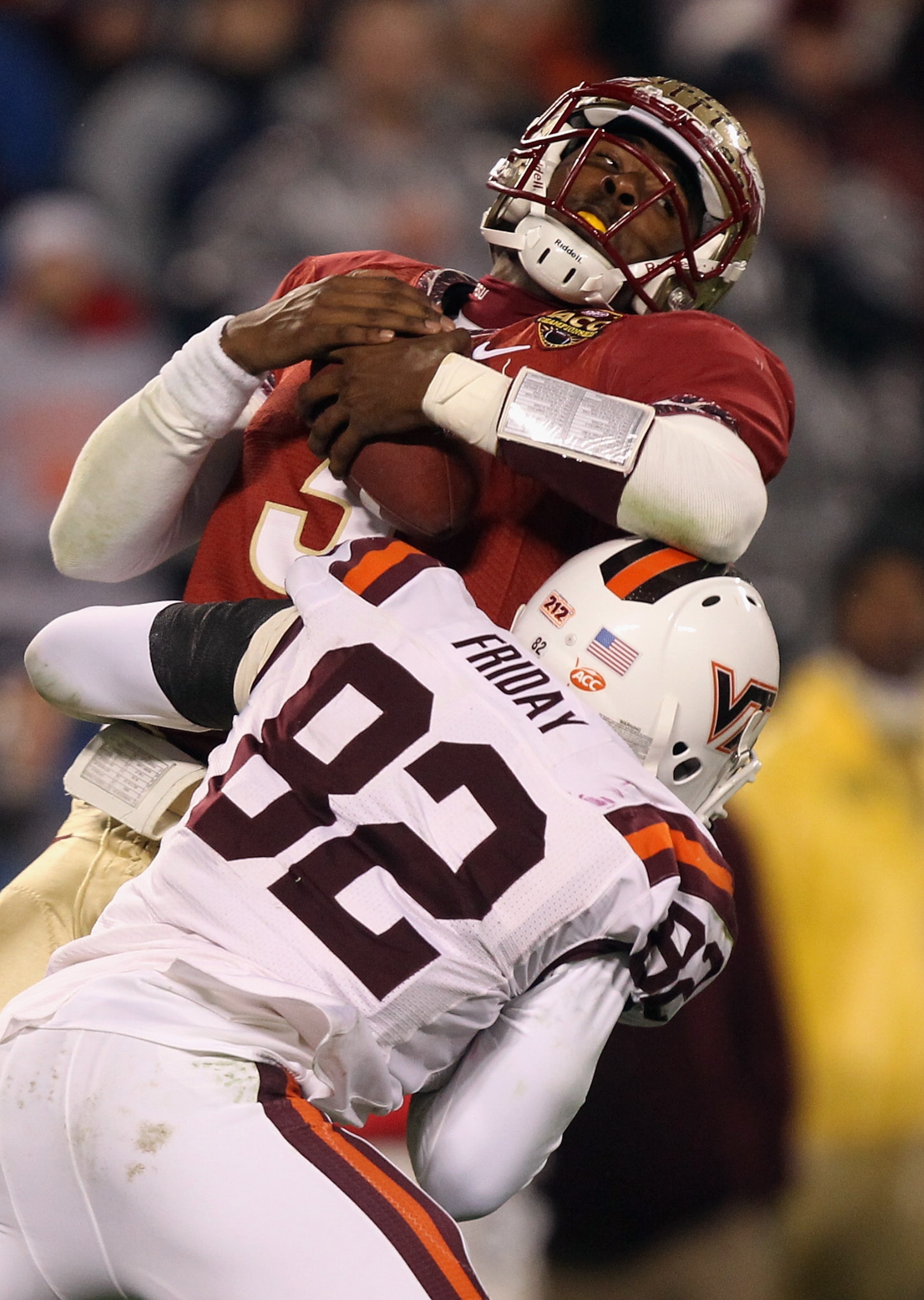 CHARLOTTE, NC - DECEMBER 04: EJ Manuel #3 of the Florida State Seminoles is sacked by Steven Friday #82 of the Virginia Tech Hokies during their game at Bank of America Stadium on December 4, 2010 in Charlotte, North Carolina. (Photo by Streeter Lecka/G CHARLOTTE, NC - DECEMBER 04: EJ Manuel #3 of the Florida State Seminoles is sacked by Steven Friday #82 of the Virginia Tech Hokies during their game at Bank of America Stadium on December 4, 2010 in Charlotte, North Carolina. (Photo by Streeter Lecka/G