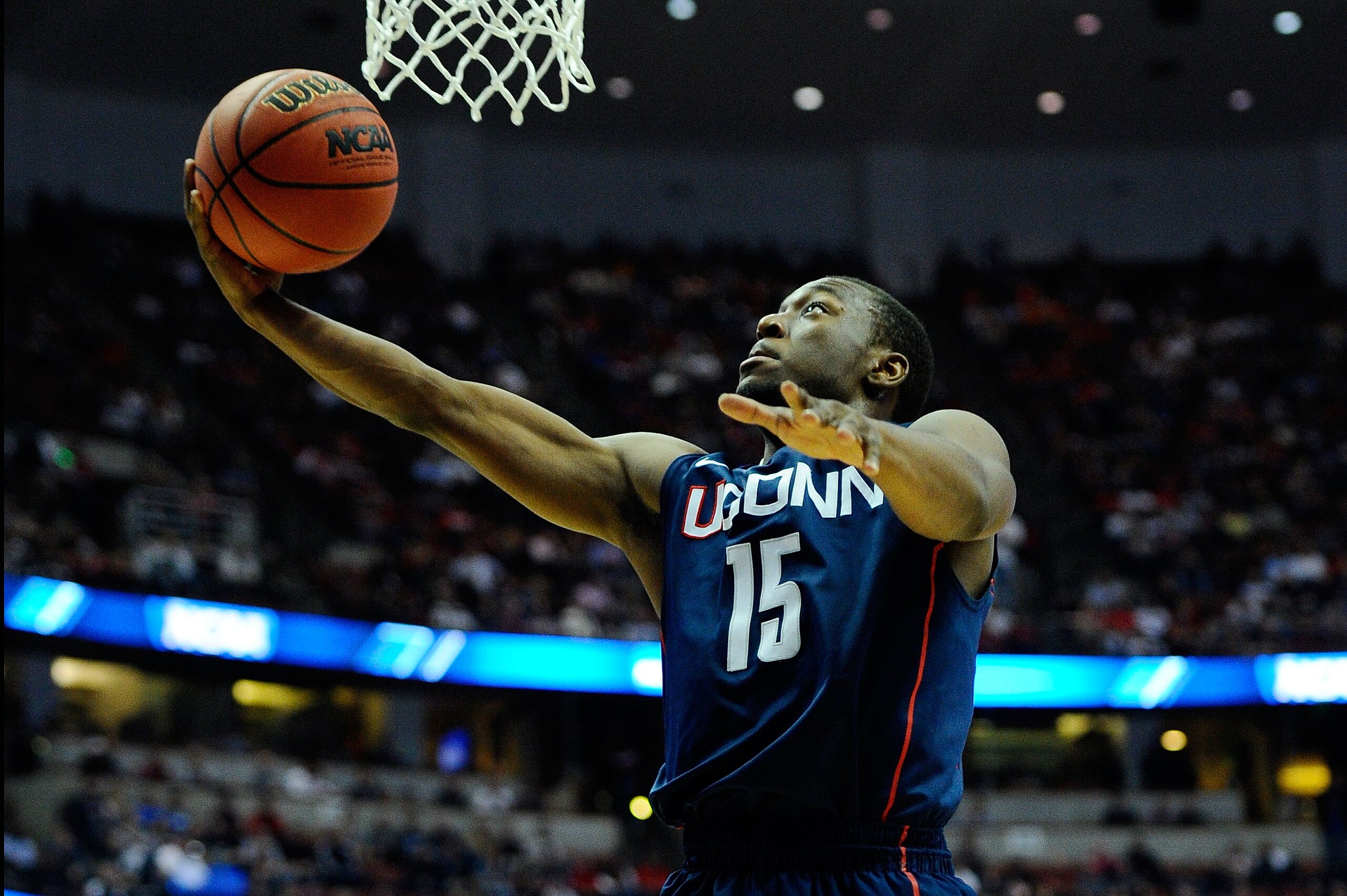 ANAHEIM, CA - MARCH 24:  Kemba Walker #15 of the Connecticut Huskies drives to the basket against the San Diego State Aztecs during the west regional semifinal of the 2011 NCAA men's basketball tournament at the Honda Center on March 24, 2011 in Anaheim,