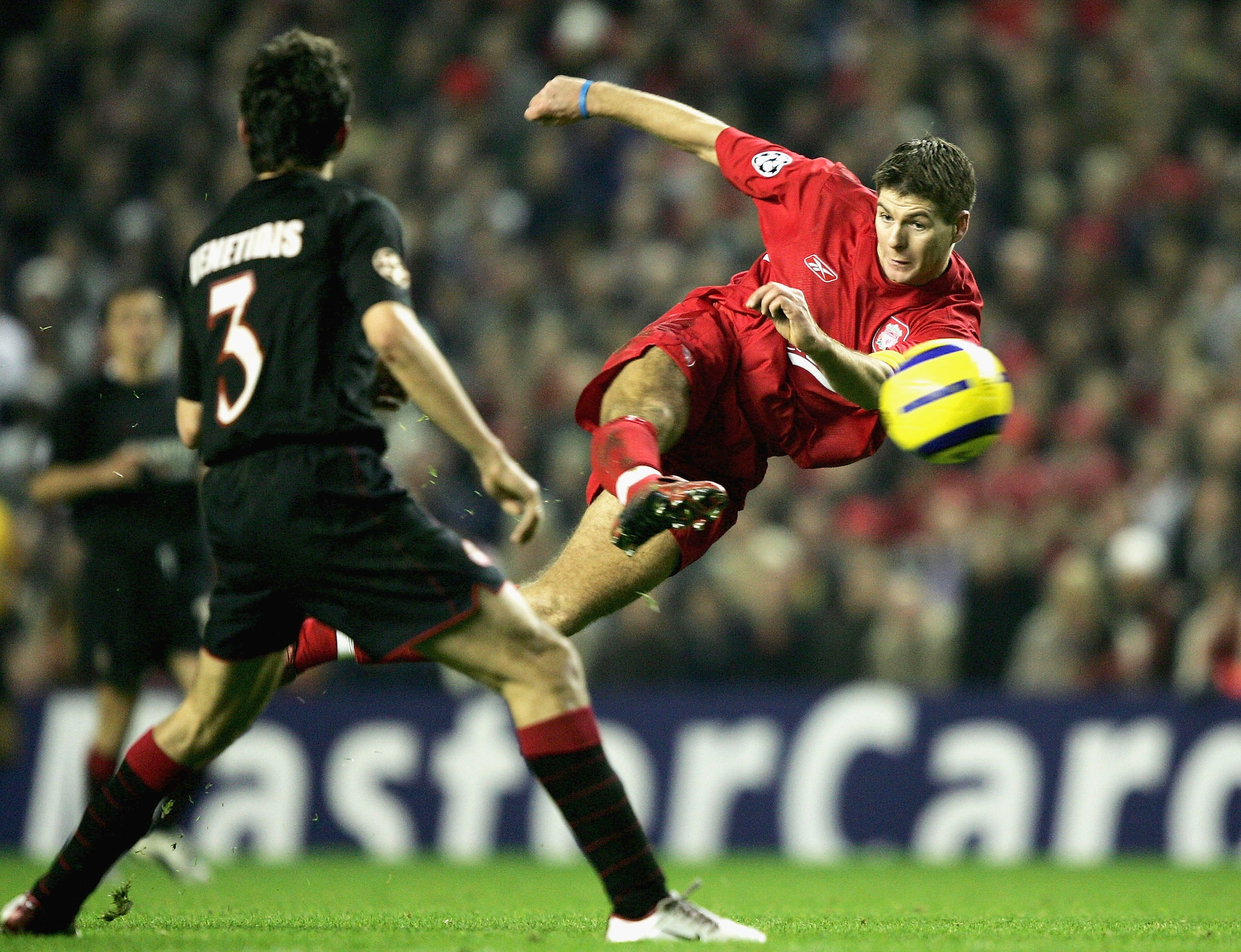 LIVERPOOL, ENGLAND -DECEMBER 8: Steven Gerrard of Liverpool shoots, only to see his goal dissalowed during the Champions League Group A match between Liverpool and Olympiakos at Anfield on December 8, 2004 in Liverpool, England. (Photo by Clive Brunskill LIVERPOOL, ENGLAND -DECEMBER 8: Steven Gerrard of Liverpool shoots, only to see his goal dissalowed during the Champions League Group A match between Liverpool and Olympiakos at Anfield on December 8, 2004 in Liverpool, England. (Photo by Clive Brunskill