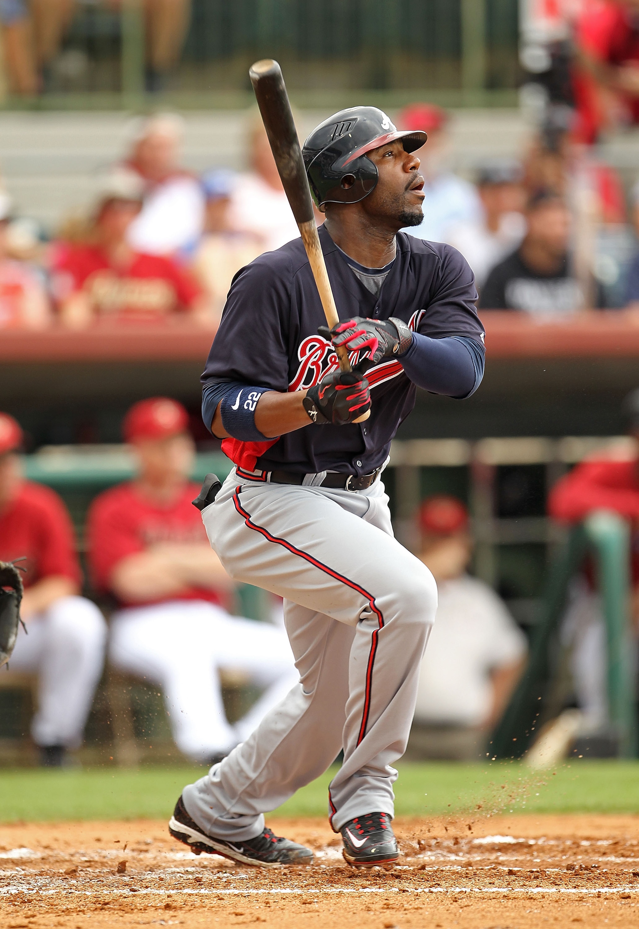 KISSIMMEE, FL - MARCH 01:  Jason Heyward #22 of the Atlanta Braves hits a 2nd inning double during a Spring Training game against the Houston Astros at Osceola County Stadium on March 1, 2011 in Kissimmee, Florida.  (Photo by Mike Ehrmann/Getty Images)