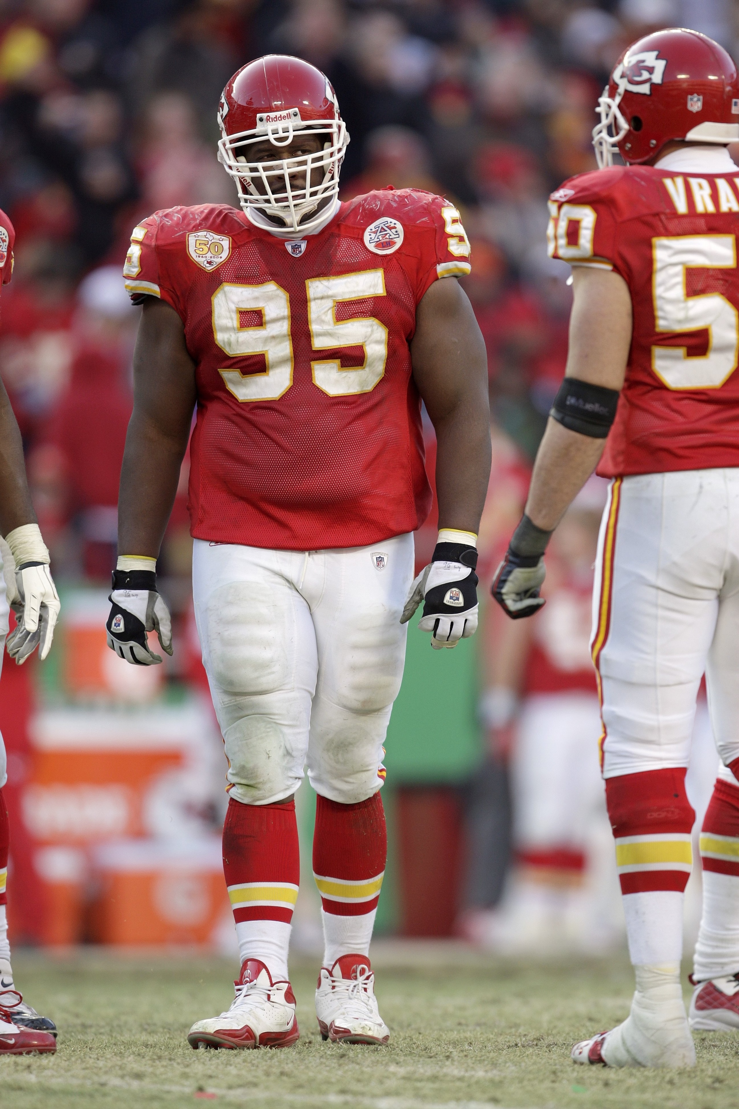 KANSAS CITY, MO - DECEMBER 20:  Ron Edwards #95 of the Kansas City Chiefs looks on during their NFL game against the Cleveland Browns on December 20, 2009 at Arrowhead Stadium in Kansas City, Missouri. The Browns defeated the Chiefs 41-34. (Photo by Jamie