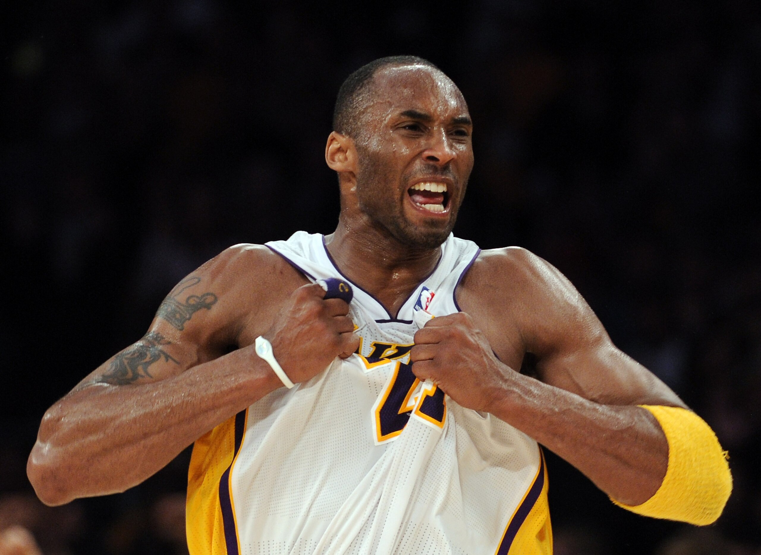 LOS ANGELES, CA - MARCH 20:  Kobe Bryant #24 of the Los Angeles Lakers celebrates his basket in the last minute on way to an 84-80 win over the  Portland Trail Blazers at the Staples Center on March 20, 2011 in Los Angeles, California.  NOTE TO USER: User