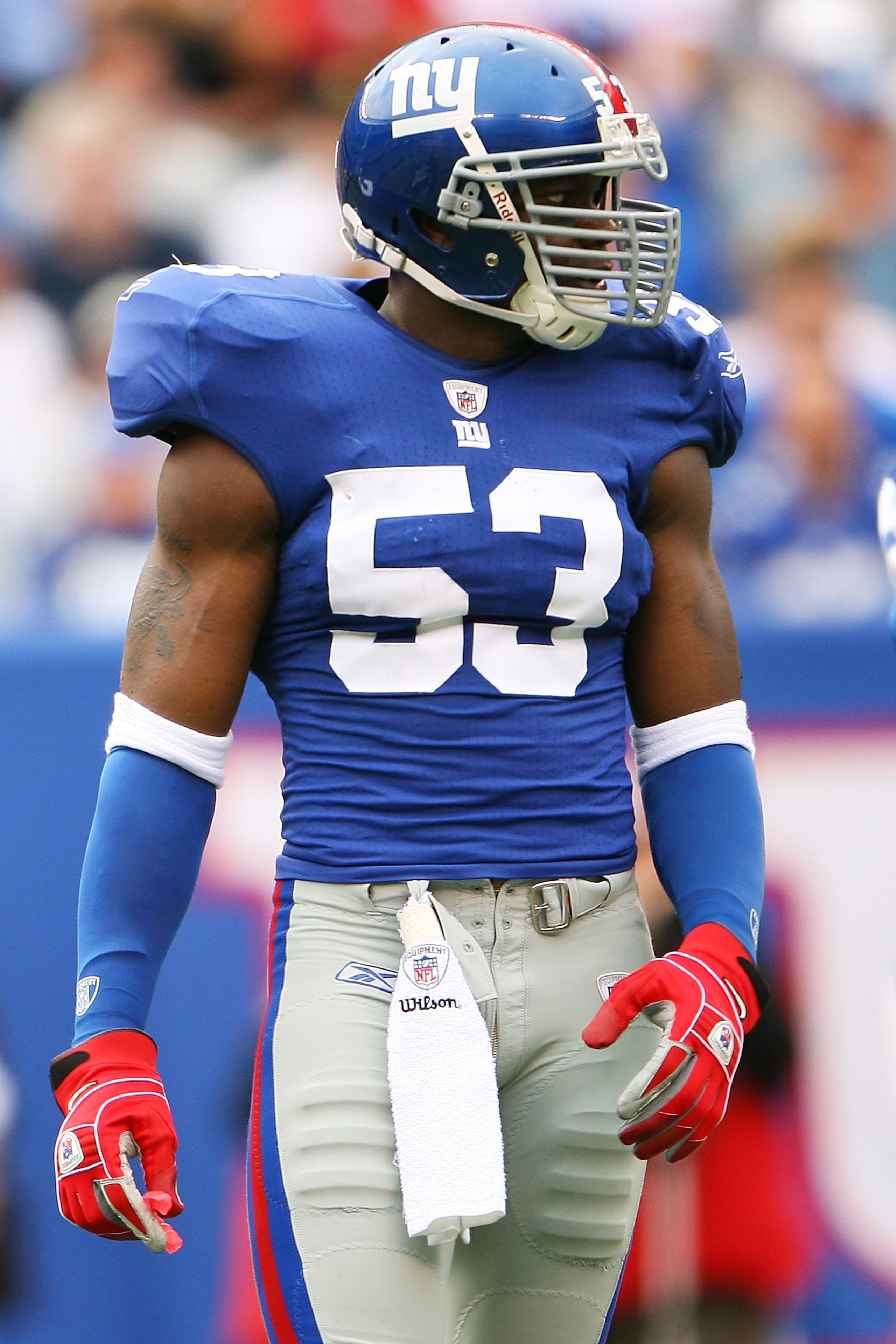 EAST RUTHERFORD, NJ - SEPTEMBER 26: Keith Bullock #53 of the New York Giants is seen during a game against the Tennessee Titans at New Meadowlands Stadium on September 26, 2010 in East Rutherford, New Jersey. Bullock used to play for the Titans. The Titan