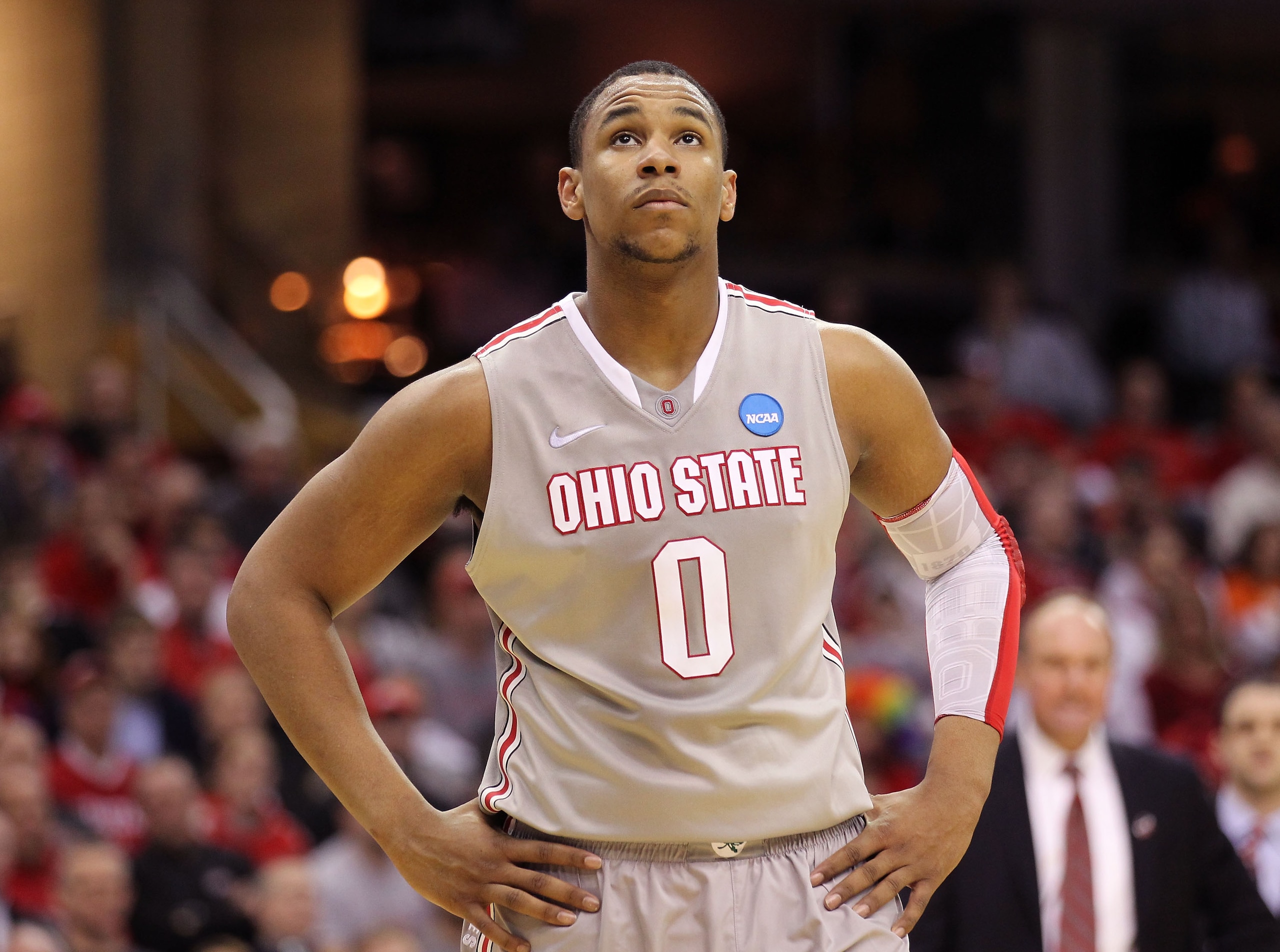 CLEVELAND, OH - MARCH 20: Jared Sullinger #0 of the Ohio State Buckeyes looks on during the game against the George Mason Patriots during the third of the 2011 NCAA men's basketball tournament at Quicken Loans Arena on March 20, 2011 in Cleveland, Ohio. CLEVELAND, OH - MARCH 20: Jared Sullinger #0 of the Ohio State Buckeyes looks on during the game against the George Mason Patriots during the third of the 2011 NCAA men's basketball tournament at Quicken Loans Arena on March 20, 2011 in Cleveland, Ohio.