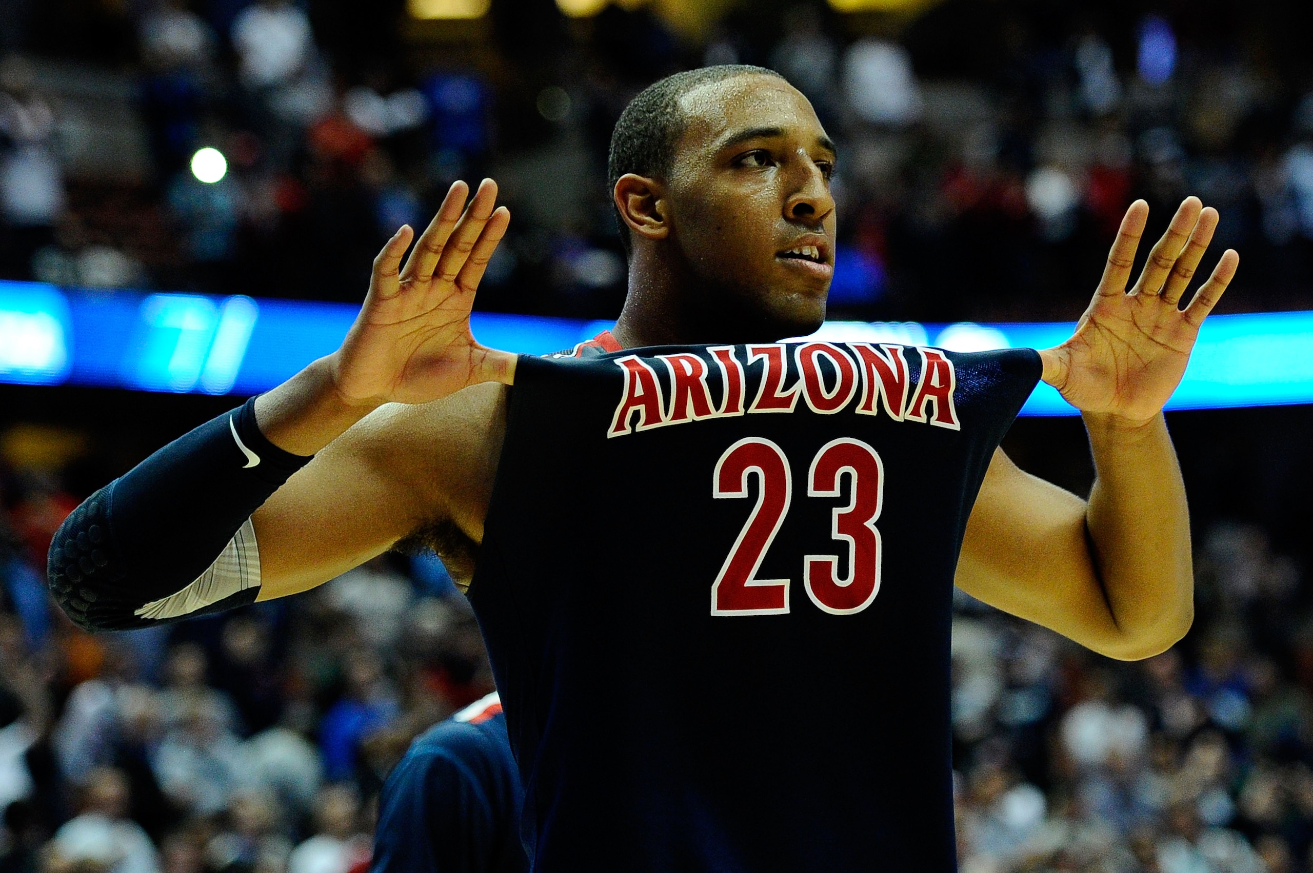 ANAHEIM, CA - MARCH 24: Derrick Williams #23 of the Arizona Wildcats reacts after defeating the Duke Blue Devils during the west regional semifinal of the 2011 NCAA men's basketball tournament at the Honda Center on March 24, 2011 in Anaheim, California. ANAHEIM, CA - MARCH 24: Derrick Williams #23 of the Arizona Wildcats reacts after defeating the Duke Blue Devils during the west regional semifinal of the 2011 NCAA men's basketball tournament at the Honda Center on March 24, 2011 in Anaheim, California.