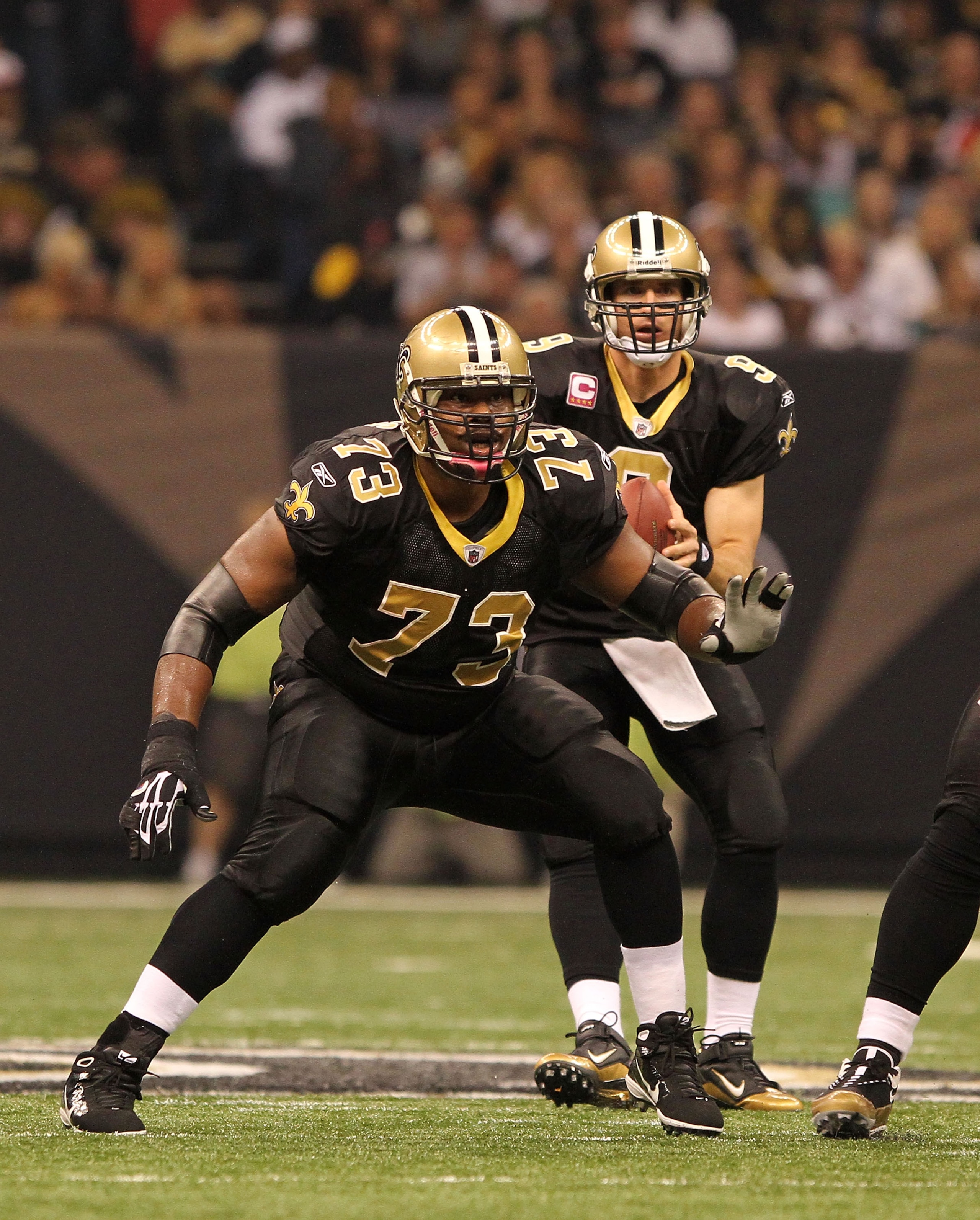 NEW ORLEANS, LA - OCTOBER 31: Jahri Evans #73 of the New Orleans Saints in action during the game against the Pittsburgh Steelers at the Louisiana Superdome on October 31, 2010 in New Orleans, Louisiana. (Photo by Matthew Sharpe/Getty Images)