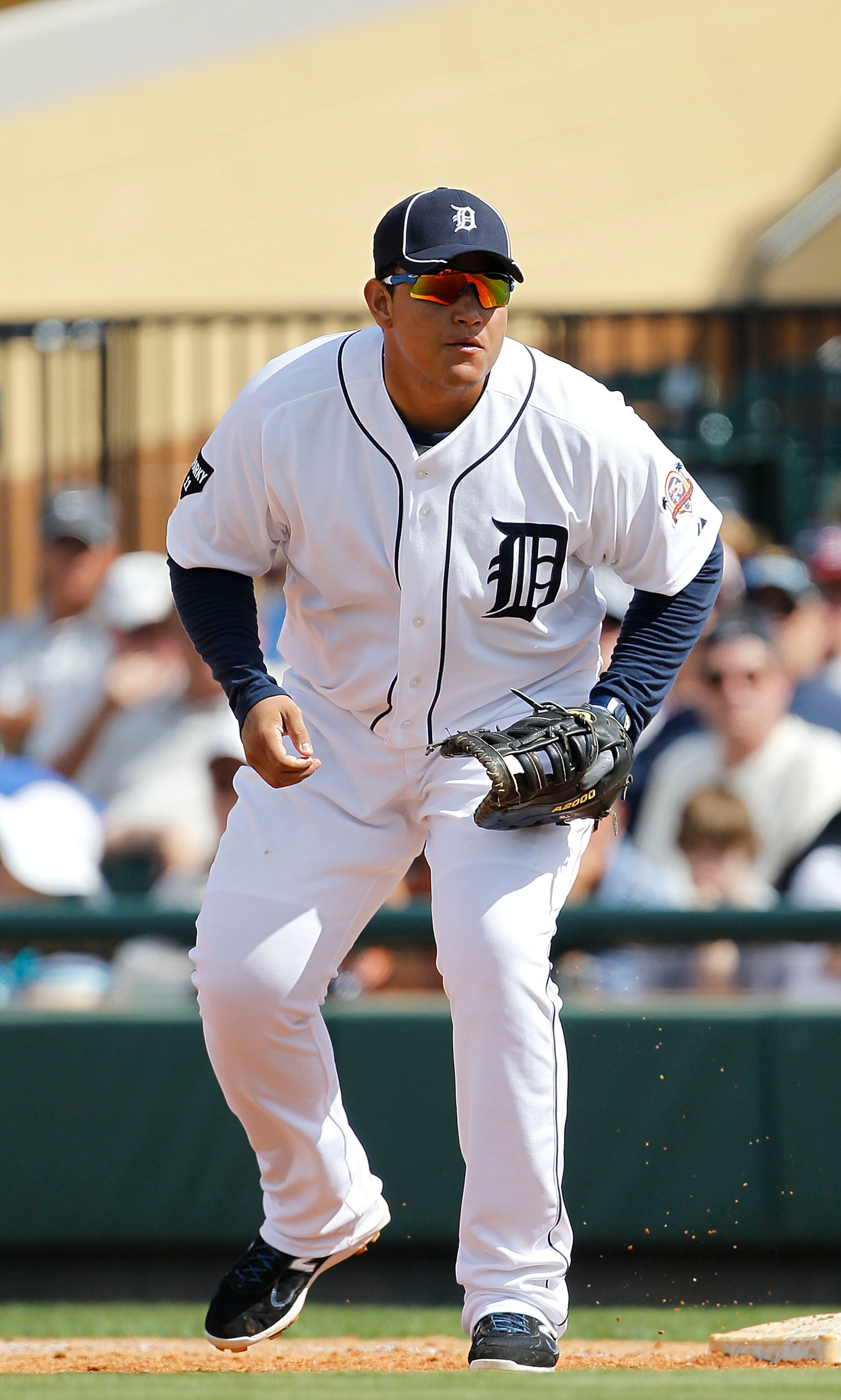 LAKELAND, FL - MARCH 02:  Miguel Cabrera #24 of the Detroit Tigers plays first base during the game against the Houston Astros at Joker Marchant Stadium on March 2, 2011 in Lakeland, Florida. The Astros defeated the Tigers 6-3.  (Photo by Leon Halip/Getty