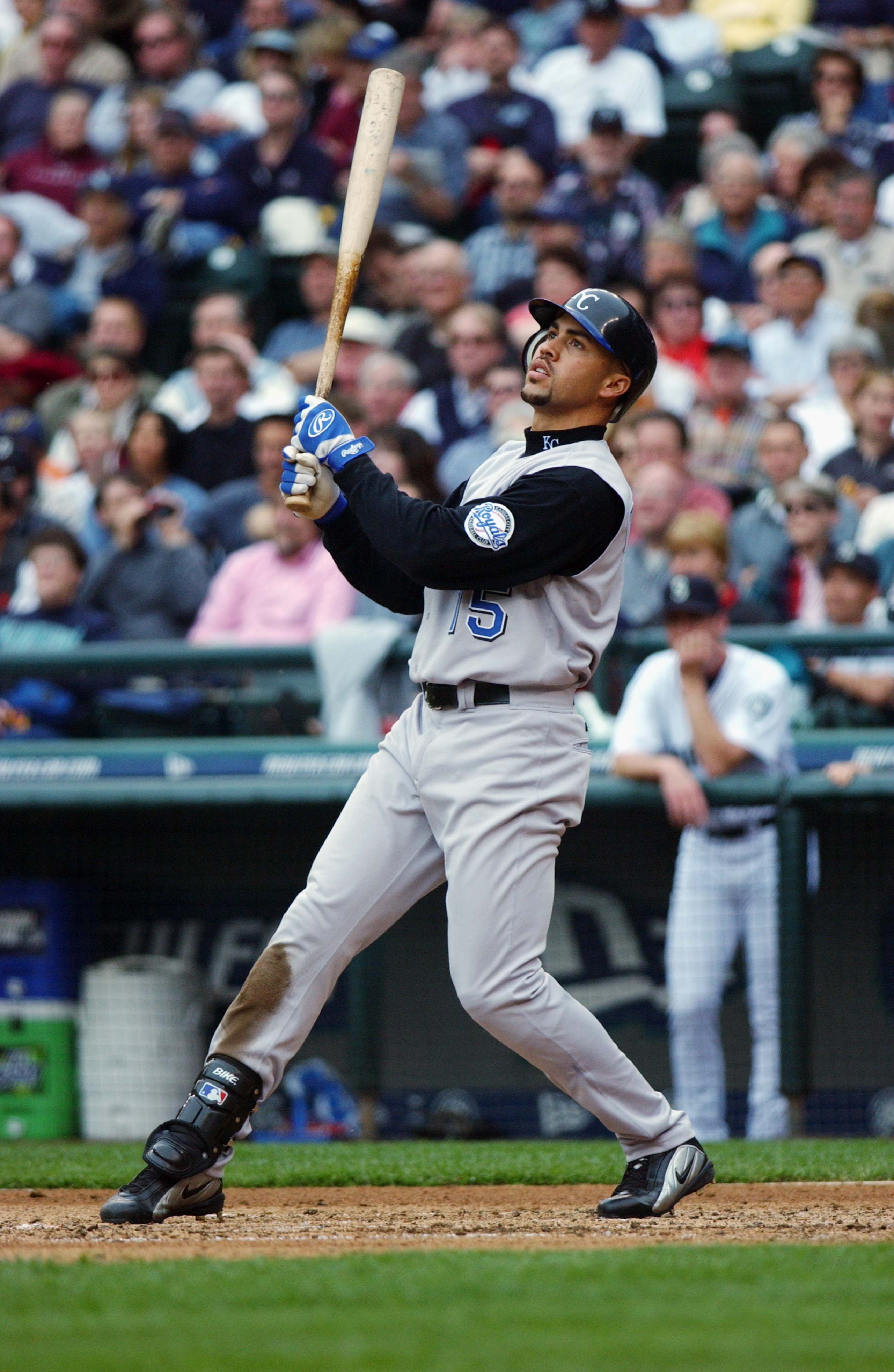 SEATTLE - MAY 22:  Carlos Beltran #15 of the Kansas City Royals watches after hitting a fly ball during the game against the Seattle Mariners at Safeco Field on May 22, 2003 in Seattle, Washington.  The Mariners defeated the Royals 5-1.  (Photo by Otto Gr
