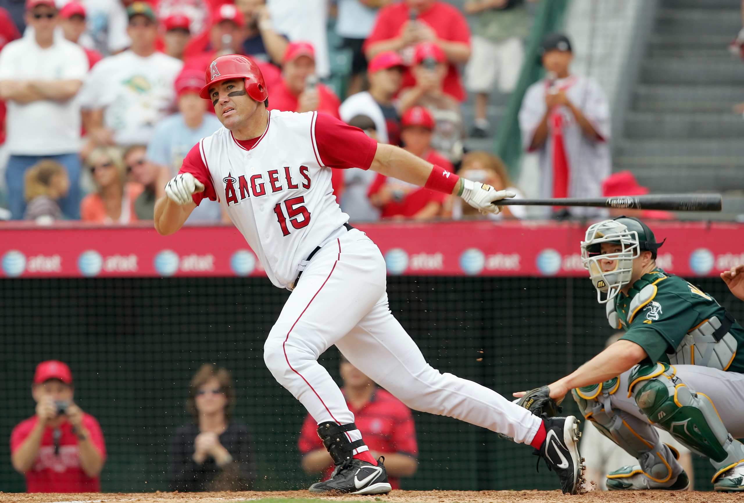 ANAHEIM, CA - OCTOBER 1:   Tim Salmon #15 of the Los Angeles Angels of Anaheim swings at the pitch in his final game against the Oakland Athletics on October 1, 2006 at Angel Stadium in Anaheim, California.  The Athletics won 11-10 in extra innings.  (Pho