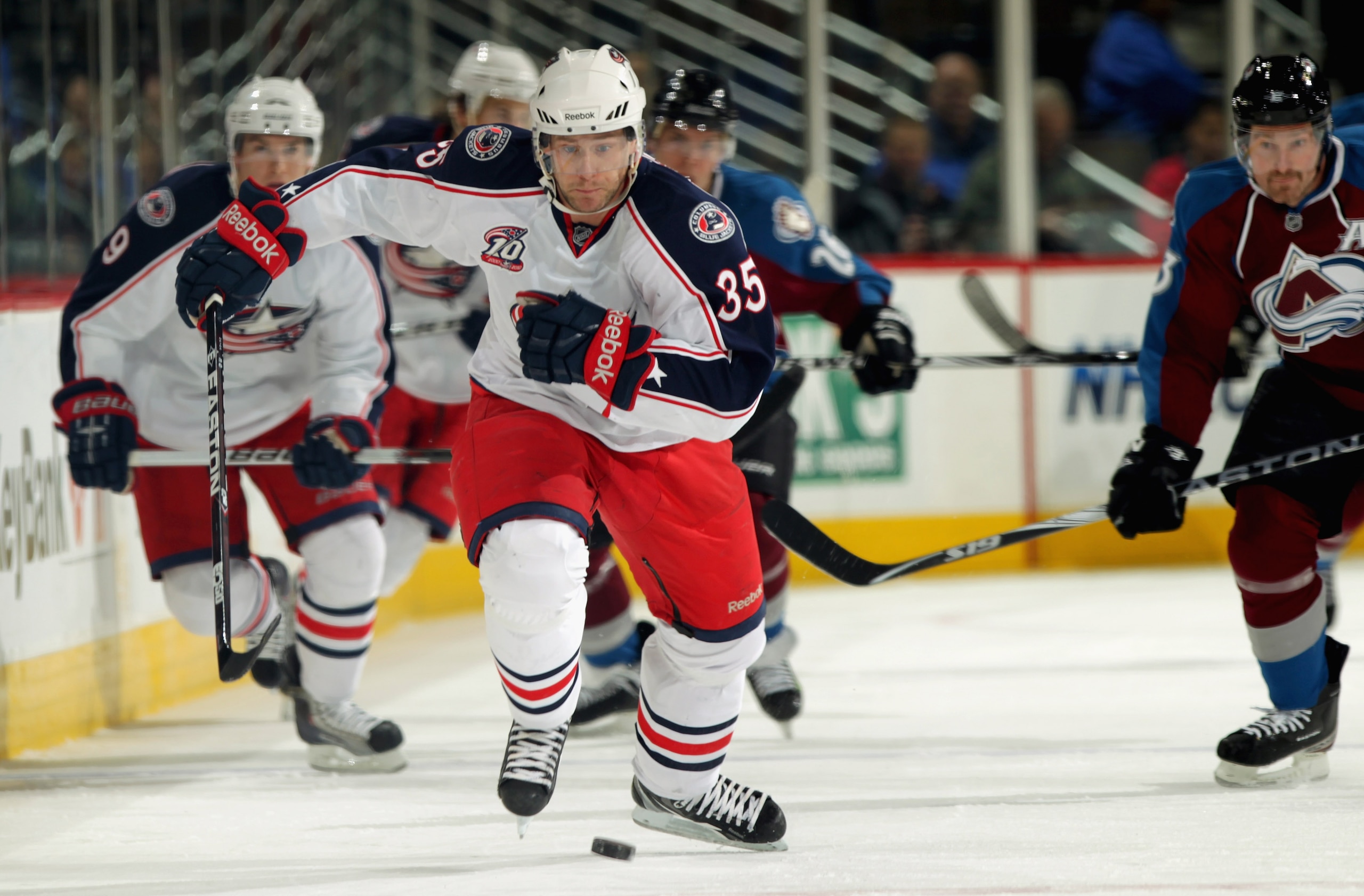 DENVER, CO - MARCH 22:  Jan Hejda #35 of the Columbus Blue Jackets pursues the puck against the Colorado Avalanche at the Pepsi Center on March 22, 2011 in Denver, Colorado.  (Photo by Doug Pensinger/Getty Images)