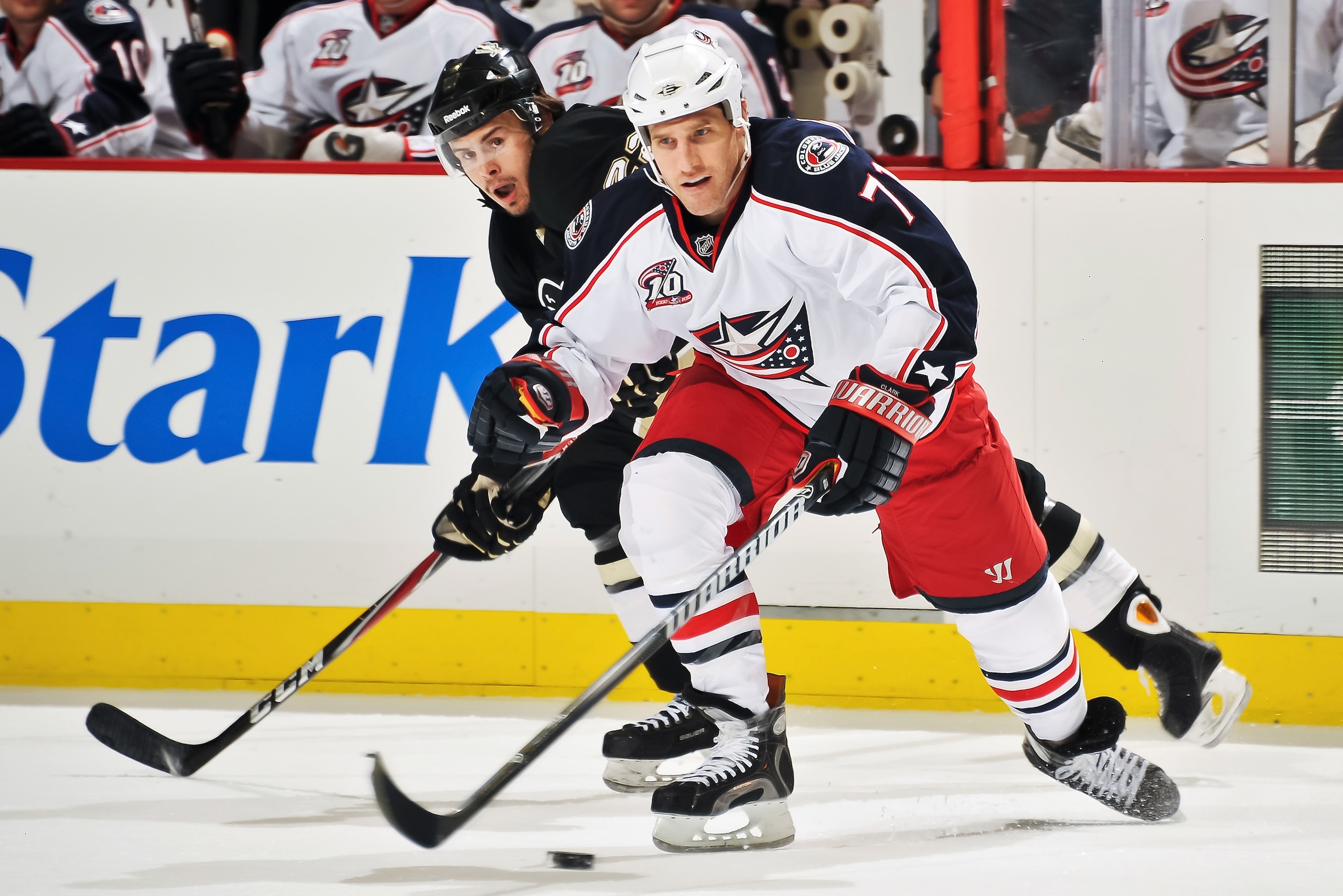 PITTSBURGH, PA - FEBRUARY 8:  Chris Clark #71 of the Columbus Blue Jackets skates with the puck against the Pittsburgh Penguins on February 8, 2011 at CONSOL Energy Center in Pittsburgh, Pennsylvania.  (Photo by Jamie Sabau/Getty Images)
