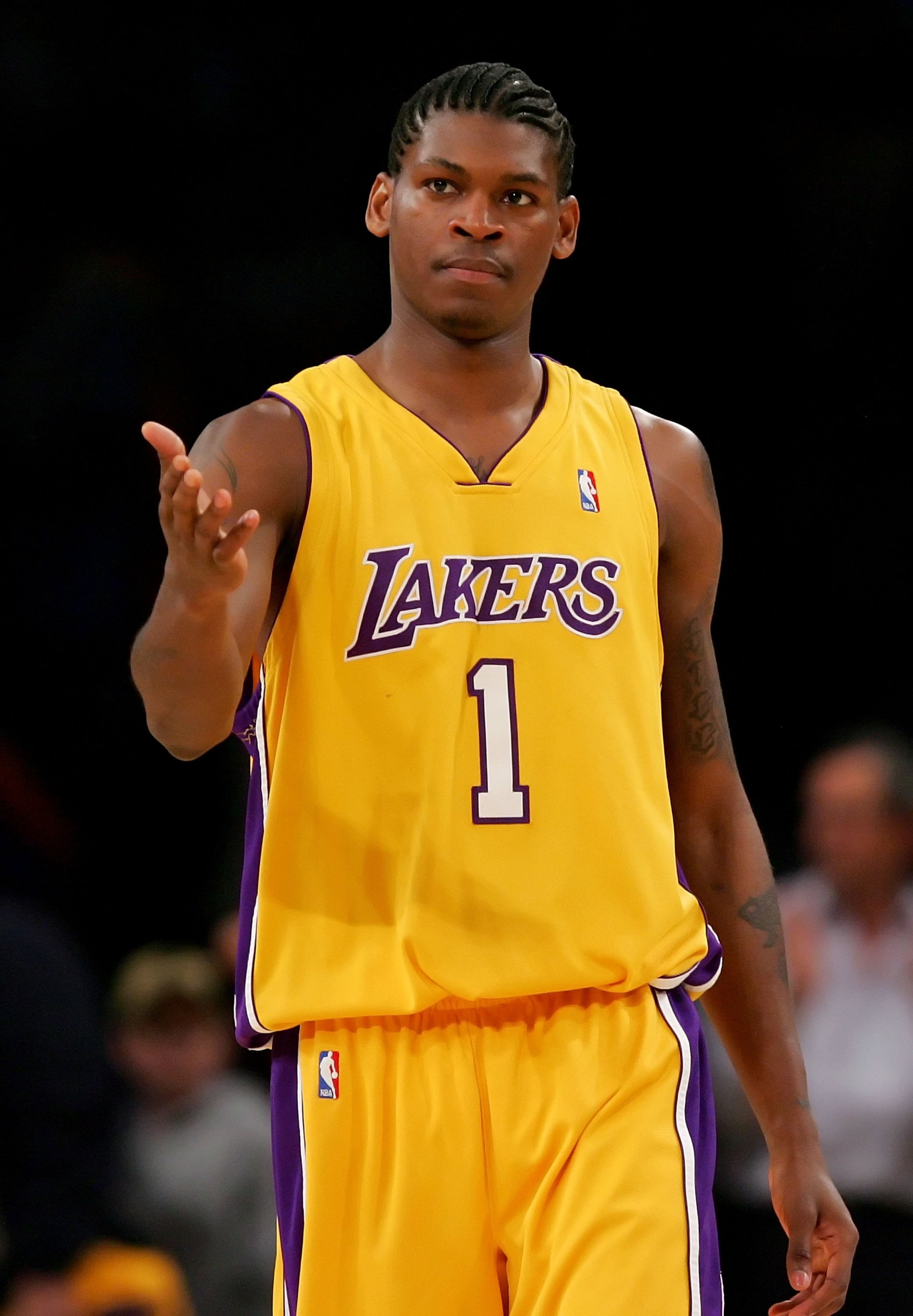 LOS ANGELES - APRIL 26:  Smush Parker #1 of the Los Angeles Lakers celebrates a play in Game Three of the Western Conference Quarterfinals against the Phoenix Suns during the 2007 NBA Playoff at Staples Center on April 26, 2007 in Los Angeles, California.