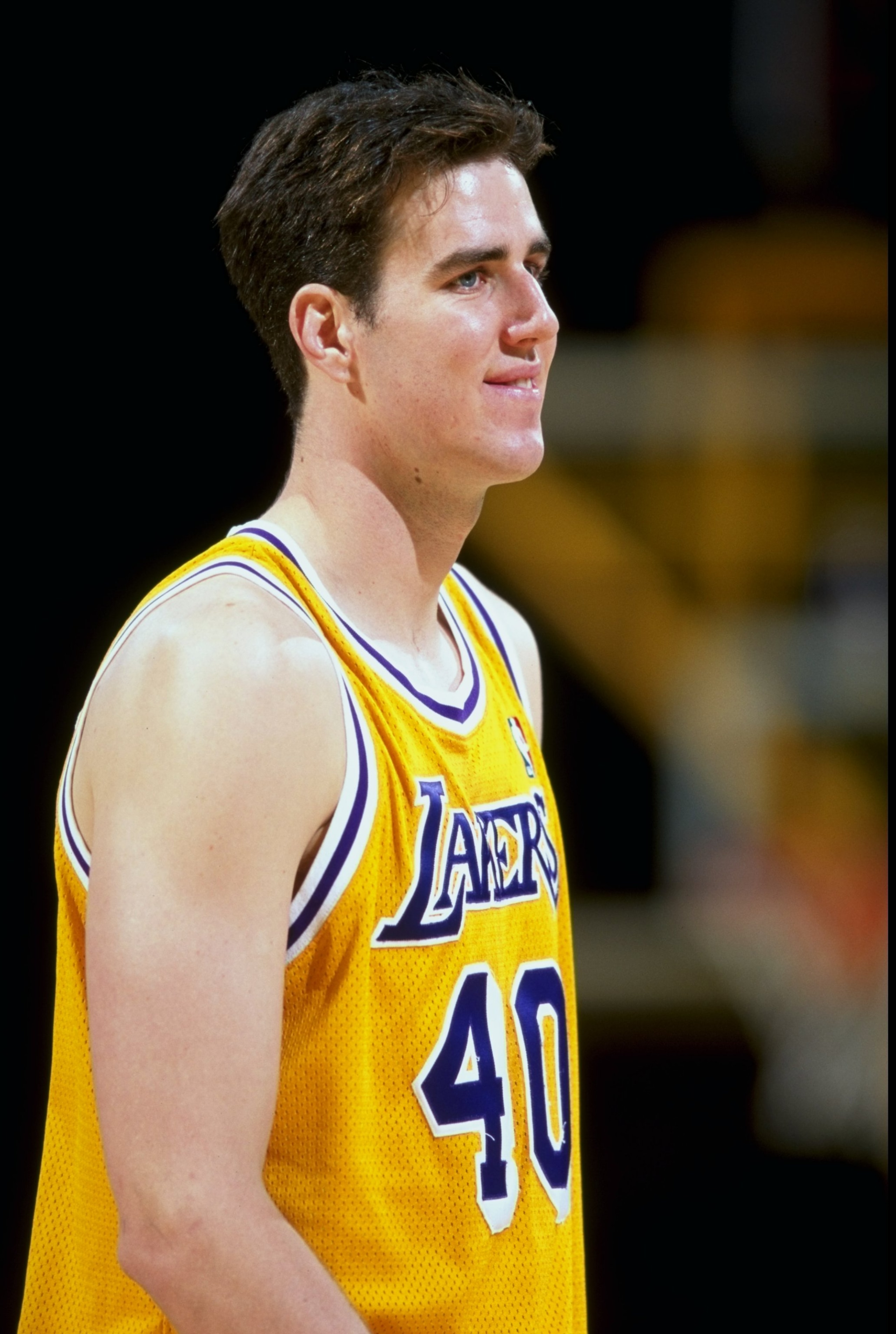 17 Feb 1999:  Travis Knight #40 of the Los Angeles Lakers walks on the court during the game against the Dallas Mavericks at the Great Western Forum in Inglewood, California. The Lakers defeated the Mavericks 101-88.  Mandatory Credit: Vincent Laforet  /A